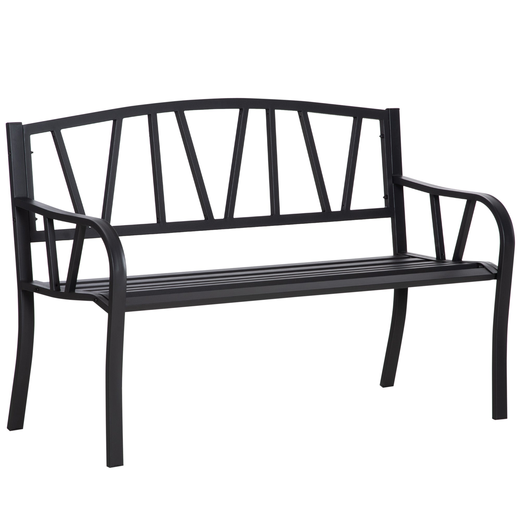 Outsunny 50" Metal Garden Bench, Black Outdoor Bench for 2 People, Park-Style Patio Seating, Decor with Smooth Armrests, Slatted Seat and Backrest, Black