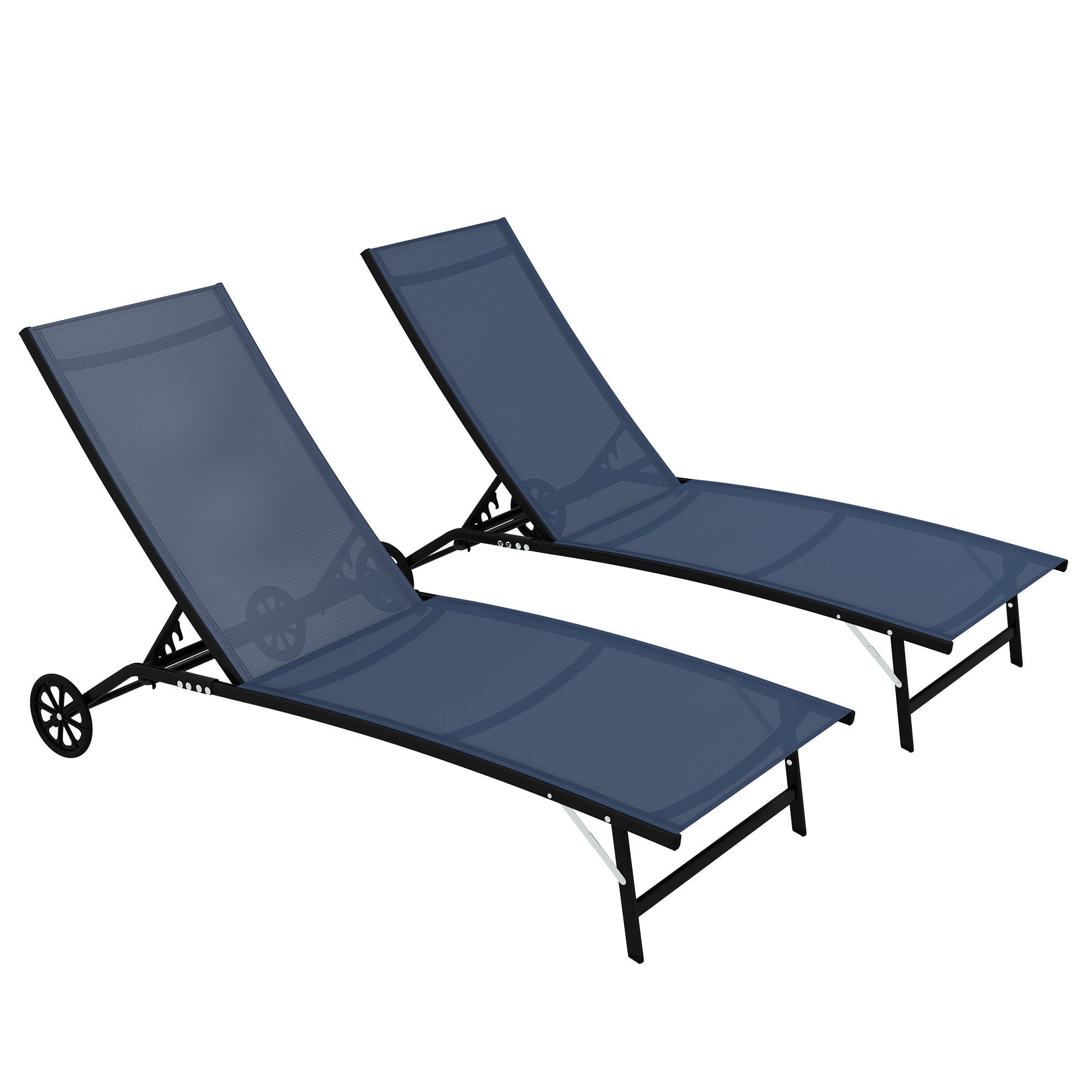 Outsunny Chaise Lounge Outdoor, 2 Piece Lounge Chair with Wheels, Tanning Chair with 5 Adjustable Position for Patio, Beach, Yard, Pool, Dark Blue