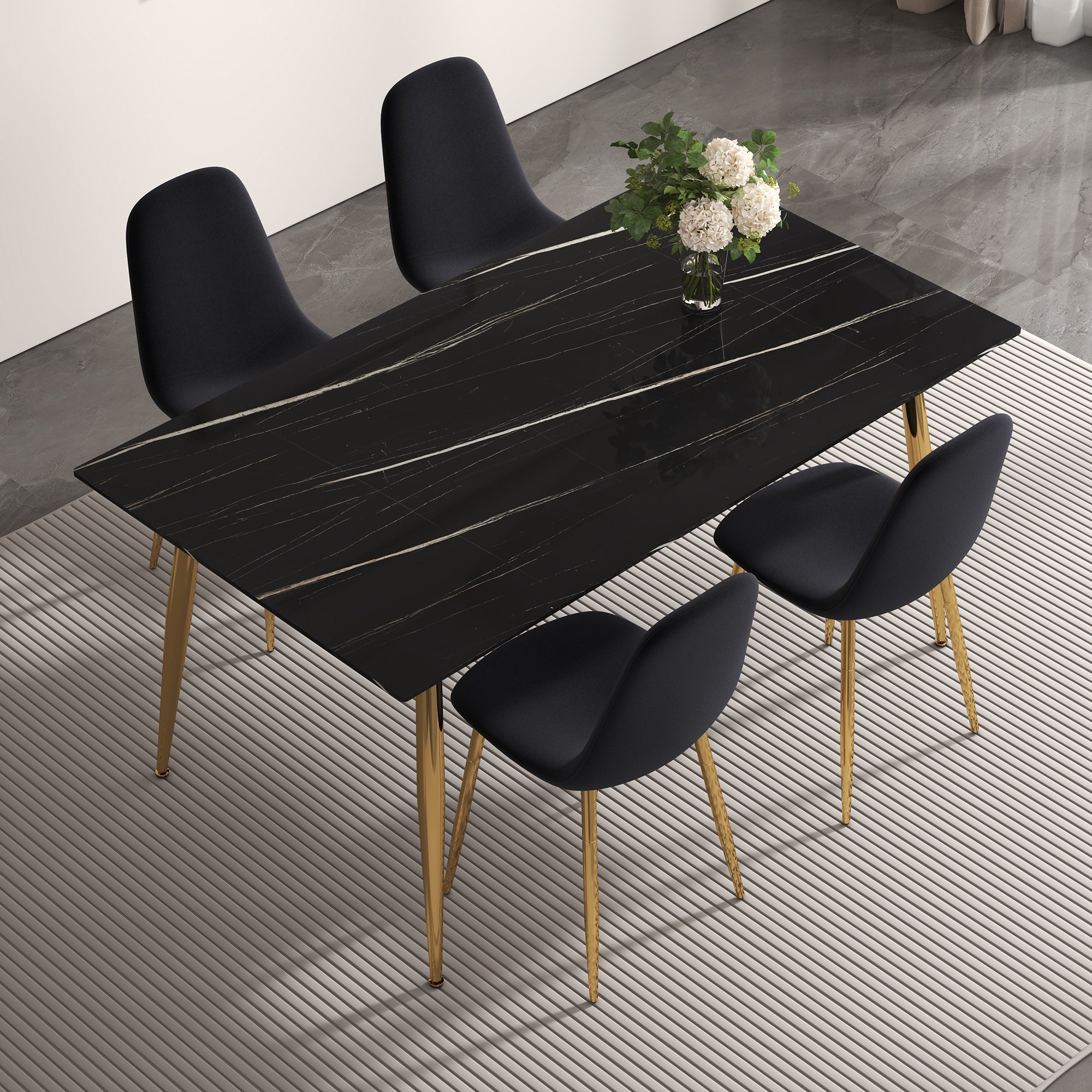 1 table and 4 chairs set.Rectangular dining table with black imitation marble tabletop and golden metal legs.Paired with 4 chairs with golden metal legs.DT-1544 B0501A