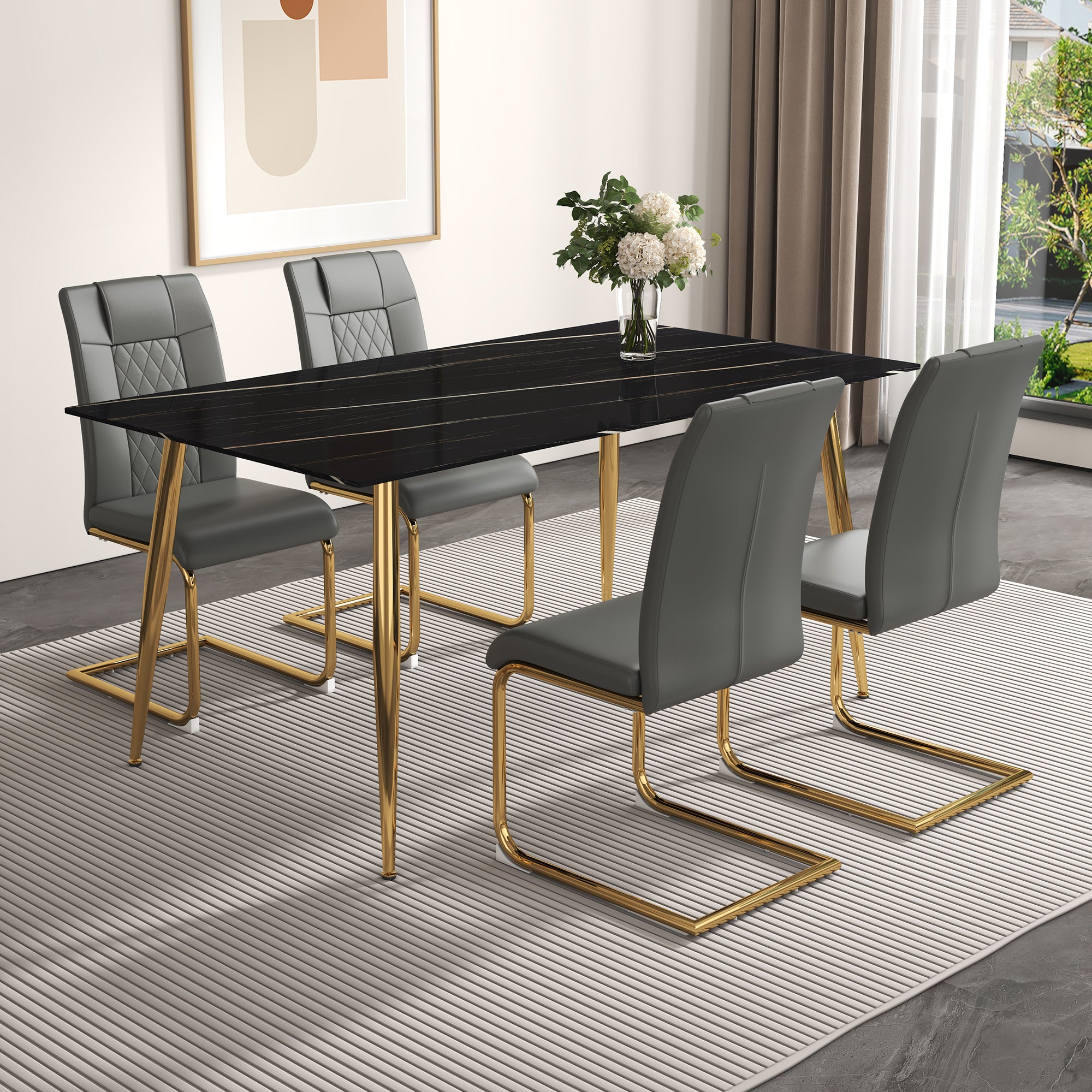 1 table and 4 chairs set.Rectangular dining table with black imitation marble tabletop and golden metal legs.Paired with 4 chairs with golden metal legs.DT-1544 C-001