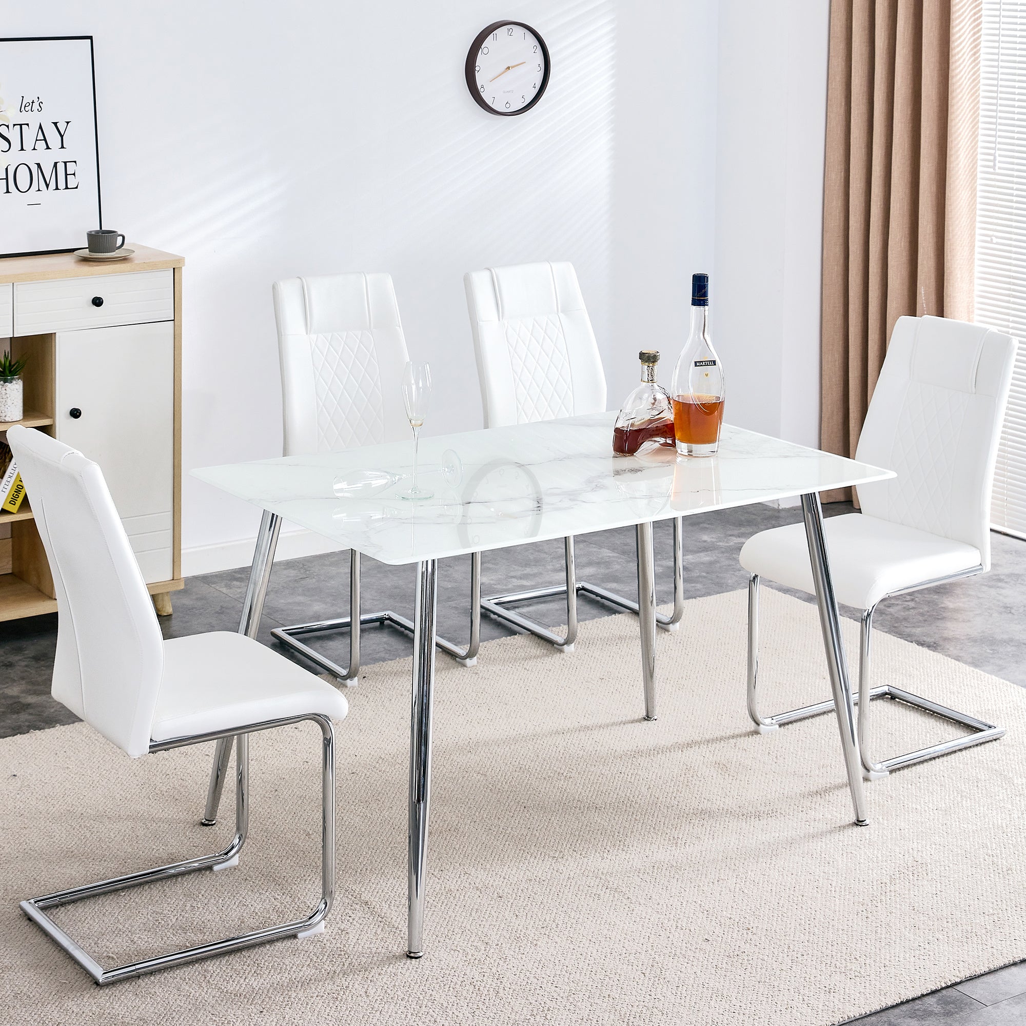 Table and chair set. 1 table with 4 white PU chairs. Modern minimalist rectangular white imitation marble dining table, with silver metal legs. Paired with 4 chairs with silver legs.DT-1544 c001