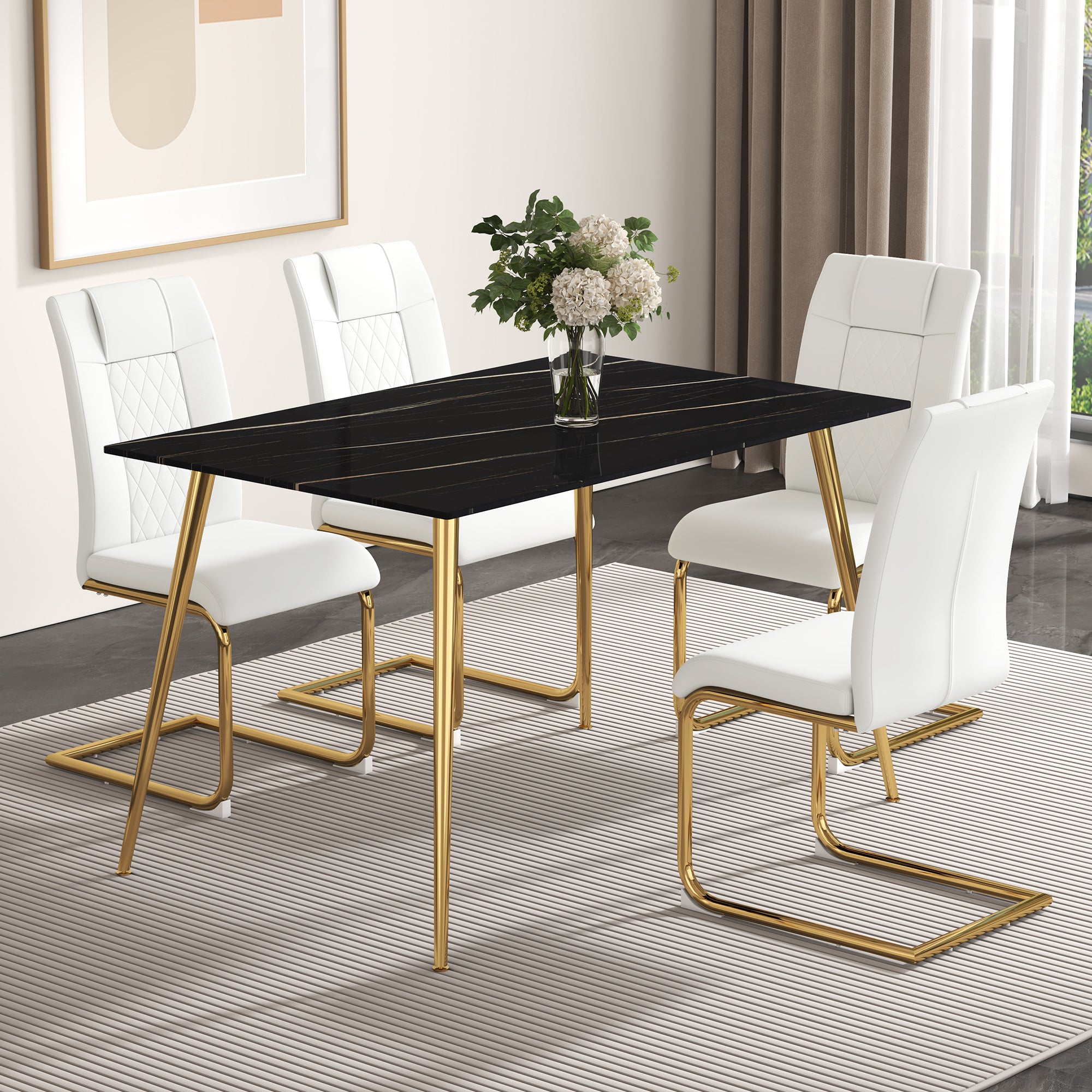 Table and chair set. 1 table with 4 white PU chairs. Modern minimalist rectangular black imitation marble dining table, with golden metal legs. Paired with 4 chairs with golden legs.DT-1544 c001