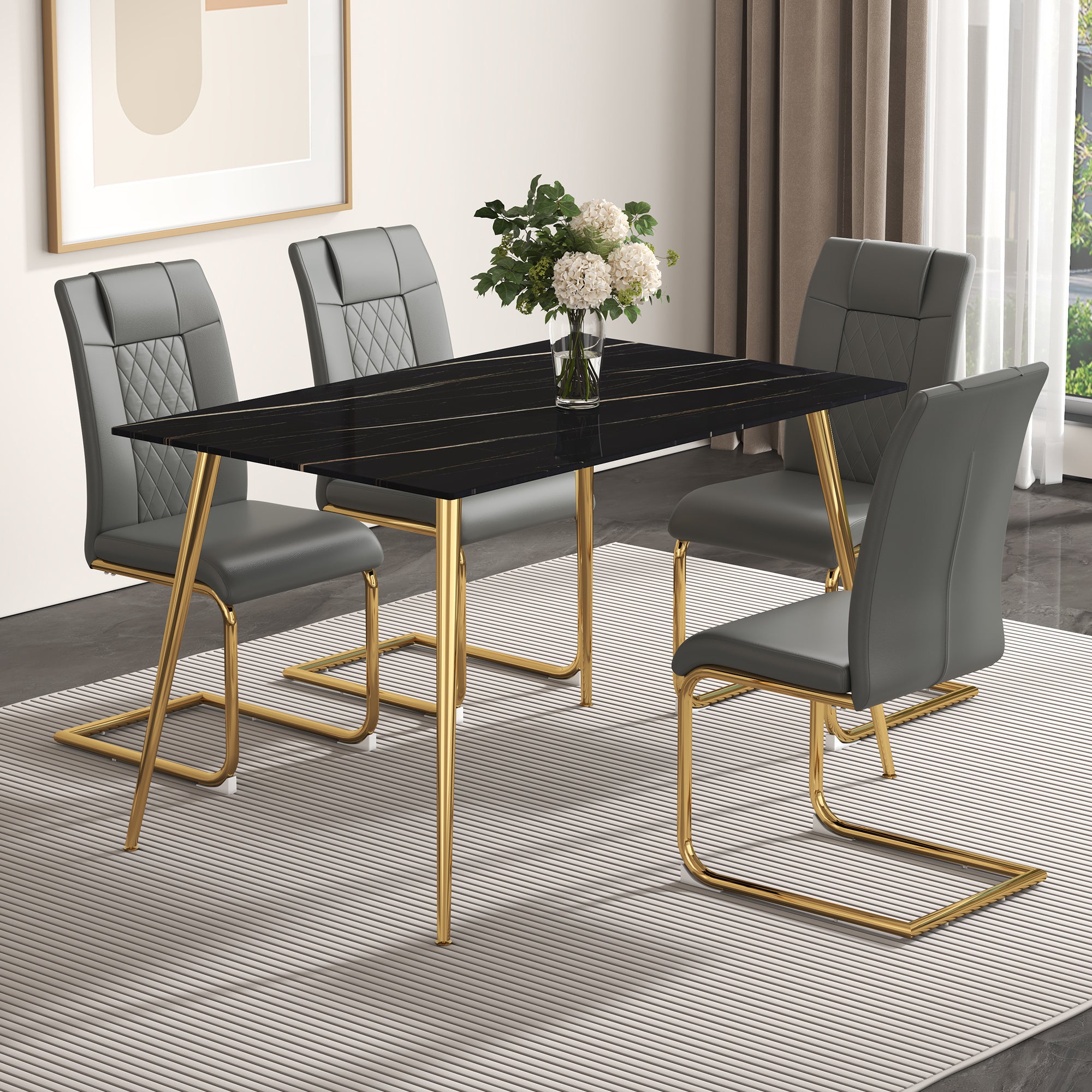 Table and chair set. 1 table with 4 gray PU chairs. Modern minimalist rectangular black imitation marble dining table, with golden metal legs. Paired with 4 chairs with golden legs.DT-1544 c001