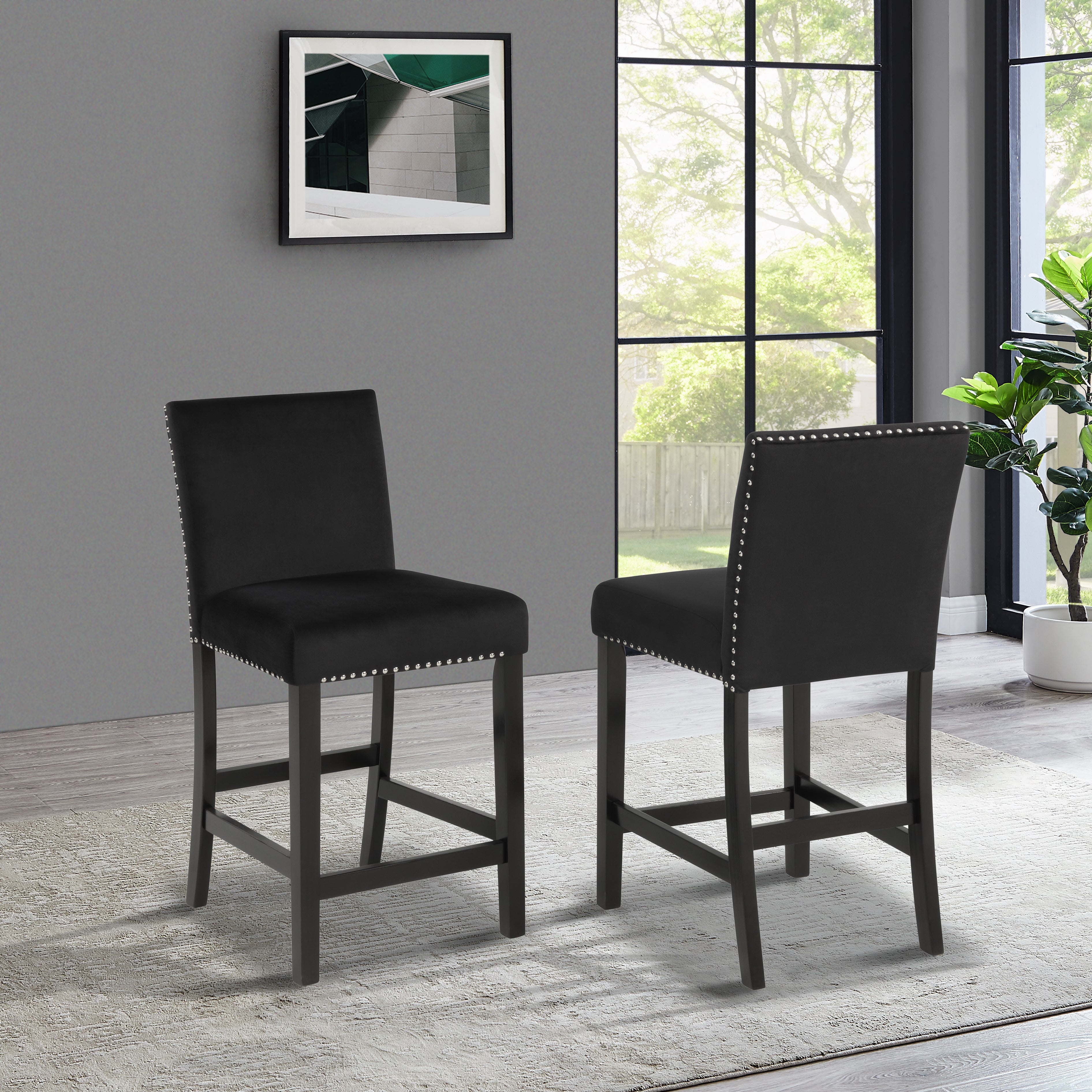 Cobre Contemporary Velvet Counter Stool with Nailhead Trim, Set of 2, Black