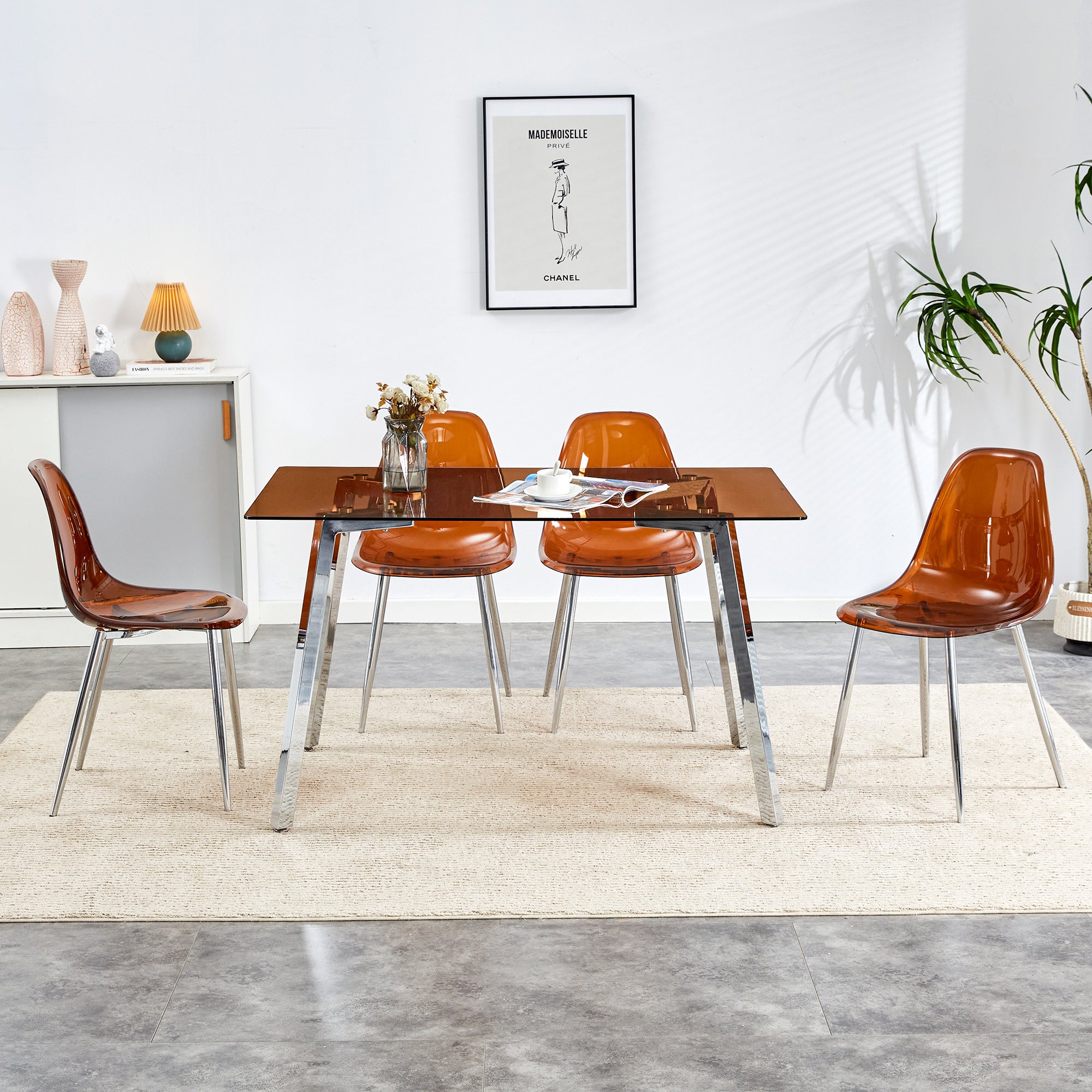 1 table and 4 chairs, brown tempered glass tabletop and silver metal legs, modern minimalist style rectangular glass dining table, paired with 4 modern silver metal leg chairs. 1123 TW-1200