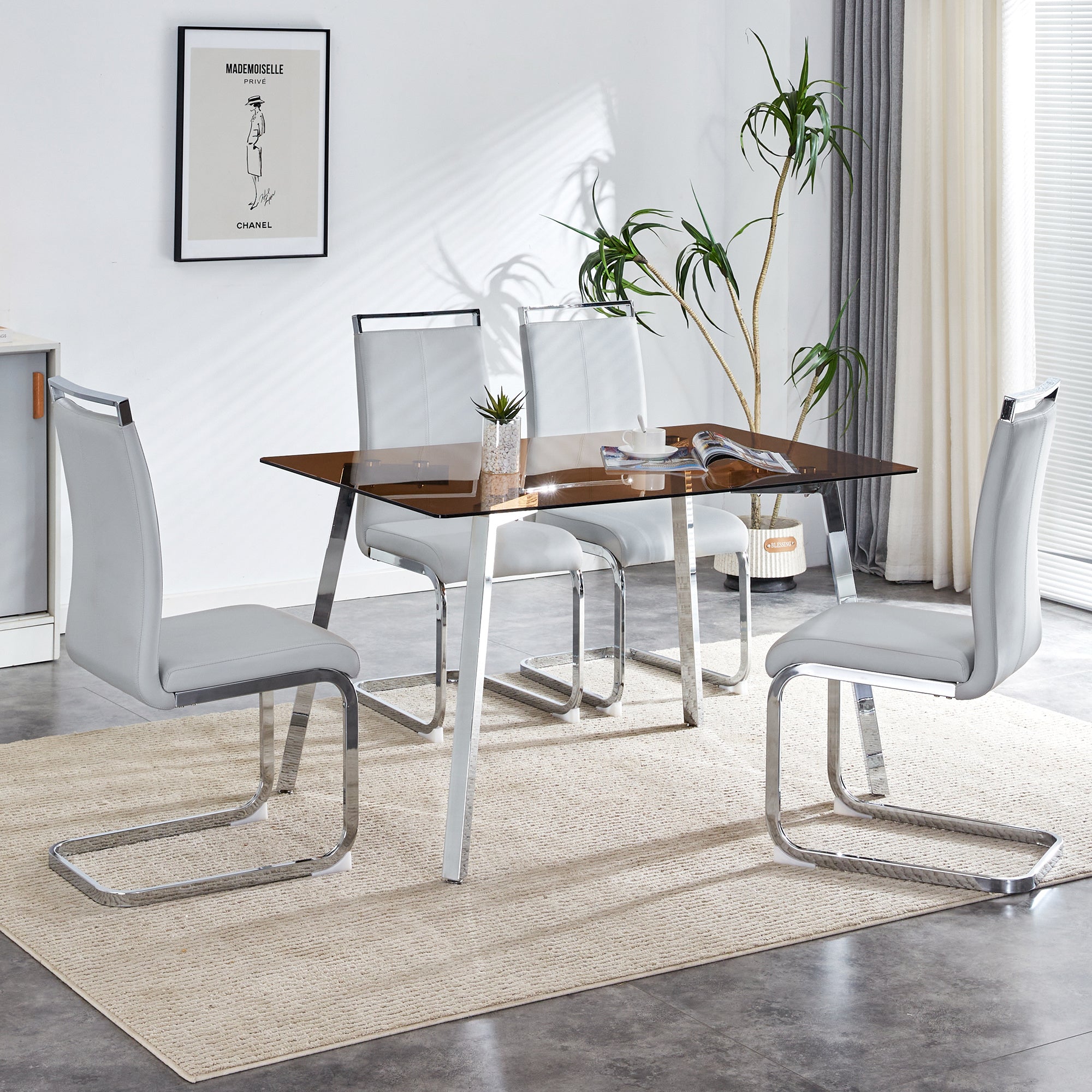 1 table and 4 chairs, brown tempered glass tabletop and silver metal legs, modern minimalist style rectangular glass dining table, paired with 4 modern silver metal leg chairs. 1123 C-1162