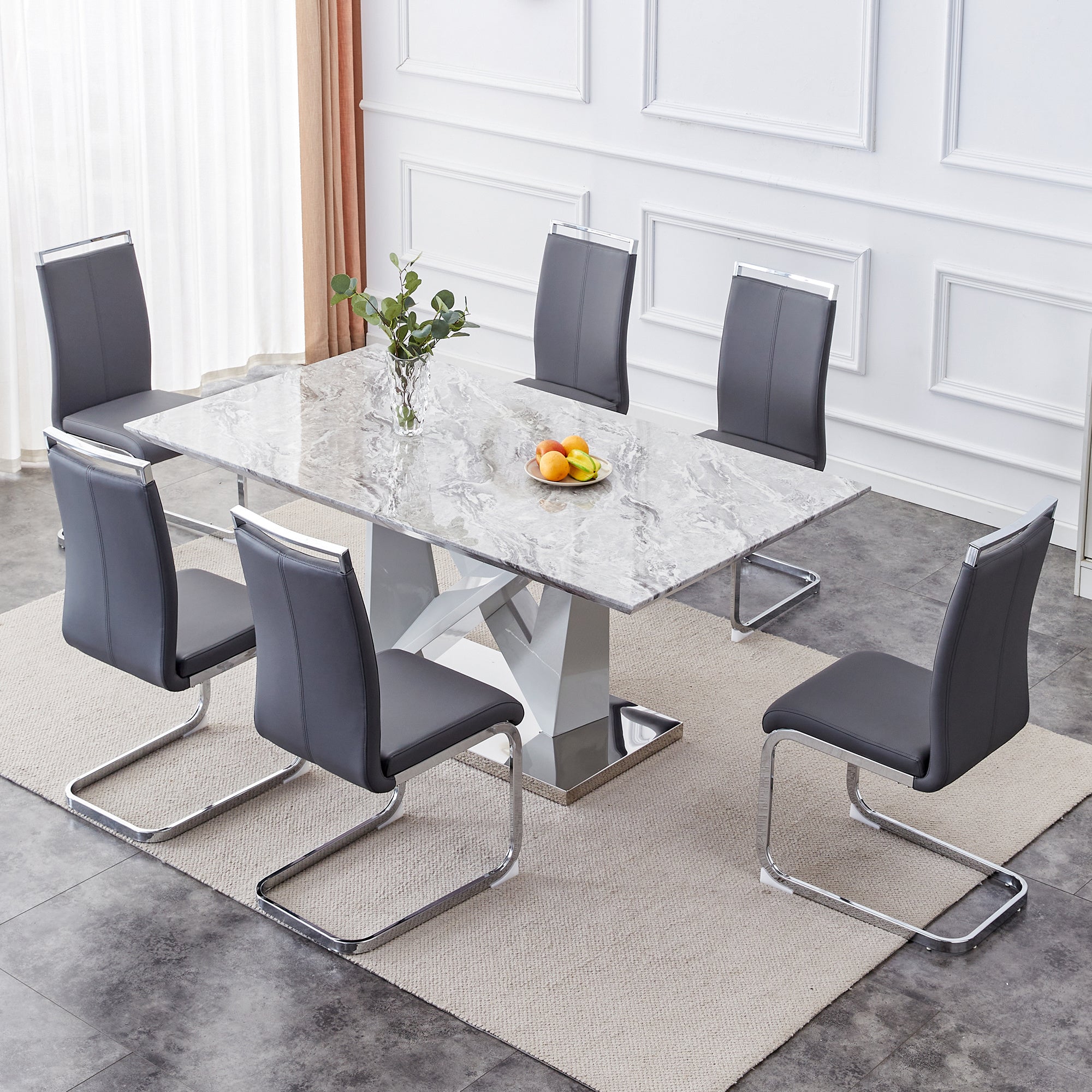 1 table and 6 chairs set.Modern Grey MDF Faux Marble Dining Table with Double V-Shaped Supports.Paired with 6 modern PU artificial leather soft cushion with silver metal legs.F-VV,C-1162