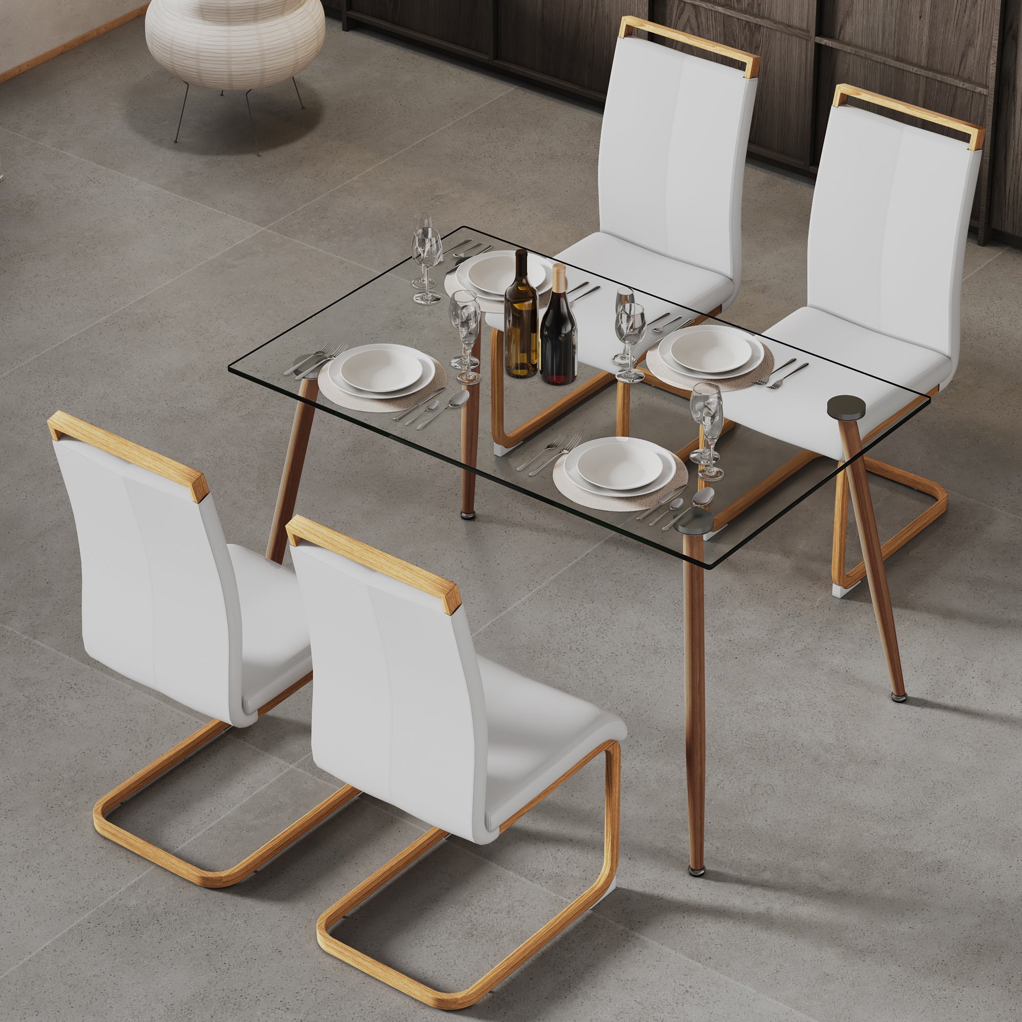 Modern Rectangular Dining Table with tempered Glass Tabletop and Wood colored metal legs,Modern PU leather high back cushioned side chairs with metal legs.F-1544,C-1162