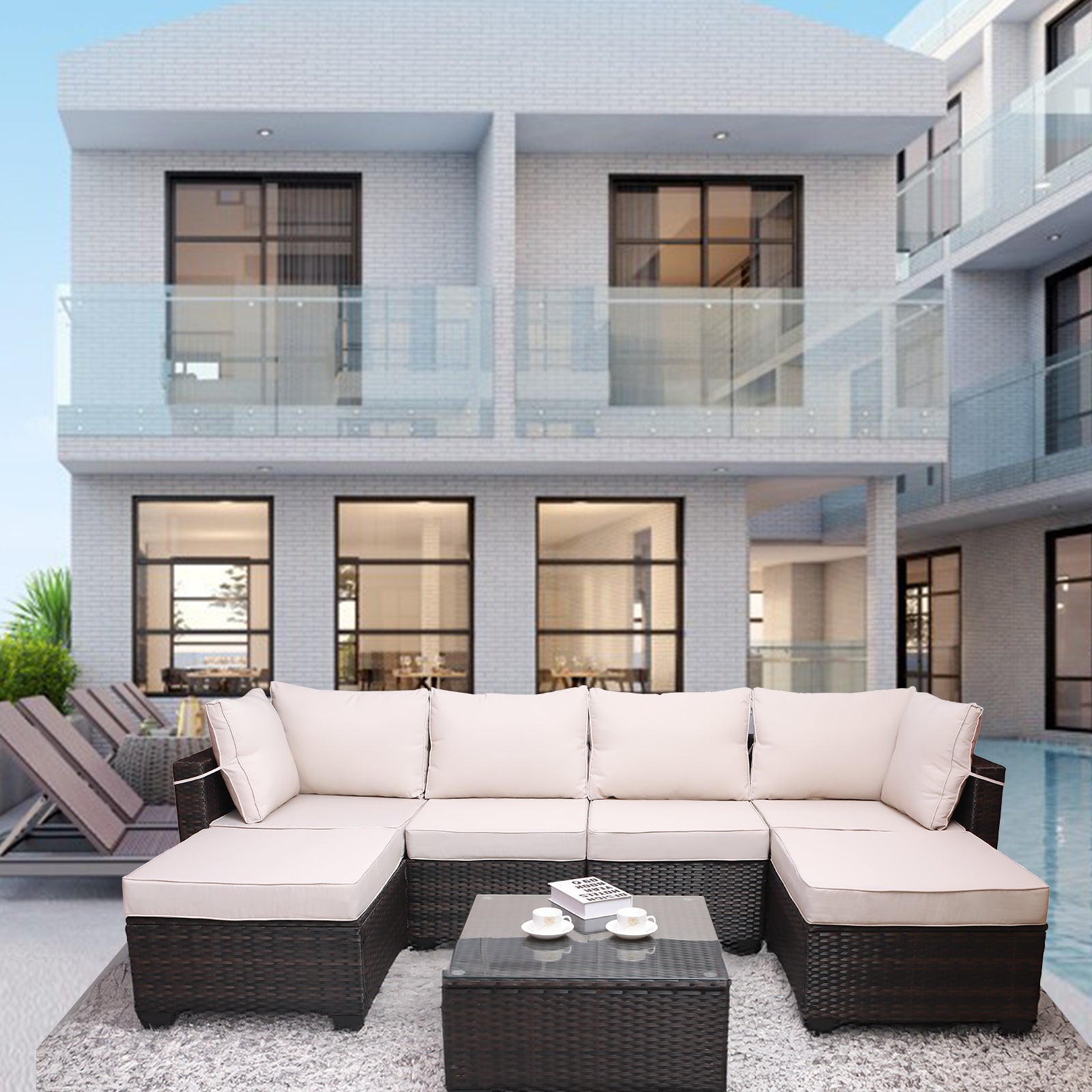 Outdoor Garden Patio Furniture 7-Piece PE Rattan Wicker Cushioned Sofa Sets and Coffee Table, patio furniture set;outdoor couch;outdoor couch patio furniture;outdoor sofa;patio couch