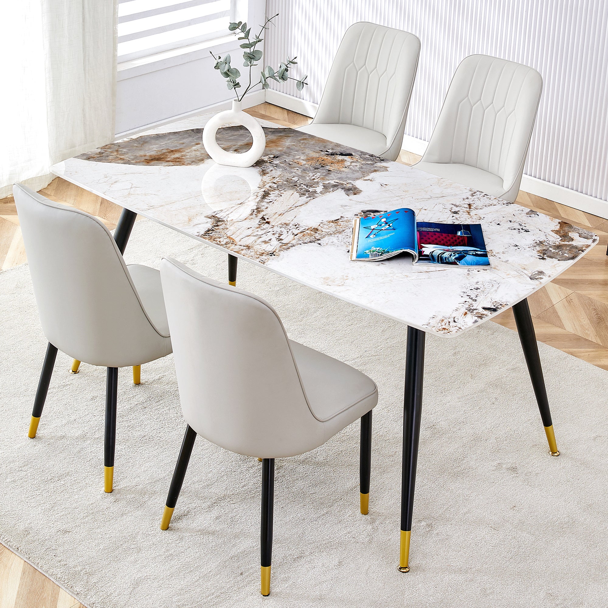 Modern minimalist dining table. Imitation marble patterned stone burning tabletop with black metal legs.Modern dining chair with PU artificial leather backrest cushion and black metal legs.F-001 C-007