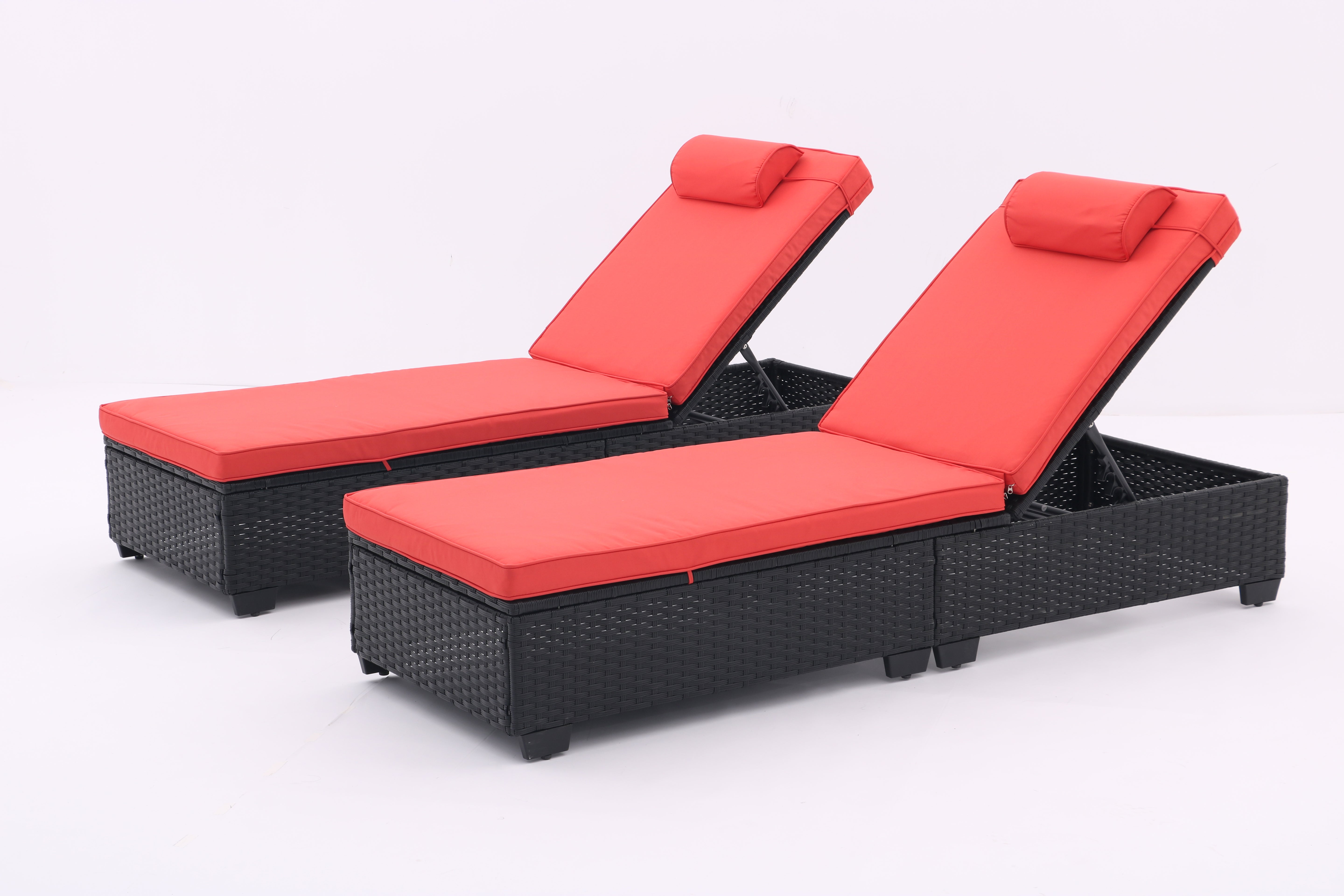 Outdoor Patio Chaise Lounge Chair,Lying in bed with PE Rattan and Steel Frame,PE Wickers,Pool Recliners with Elegant Reclining Adjustable Backrest and Removable Cushions Sets of 2(Black+Red)