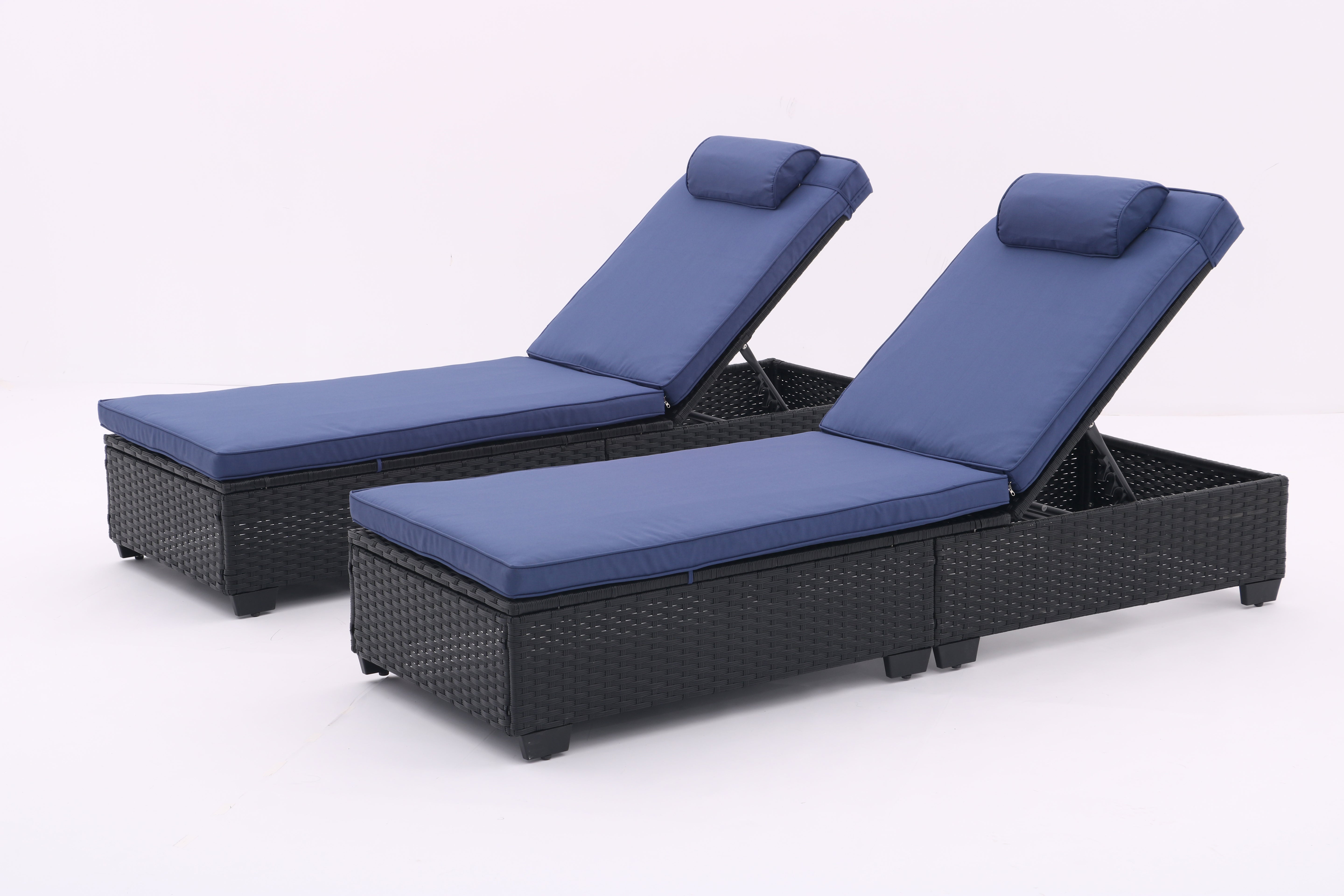 Outdoor Patio Chaise Lounge Chair,Lying in bed with PE Rattan and Steel Frame,PE Wickers,Pool Recliners with Elegant Reclining Adjustable Backrest and Removable Cushions Sets of 2(Black+Navy Blue)