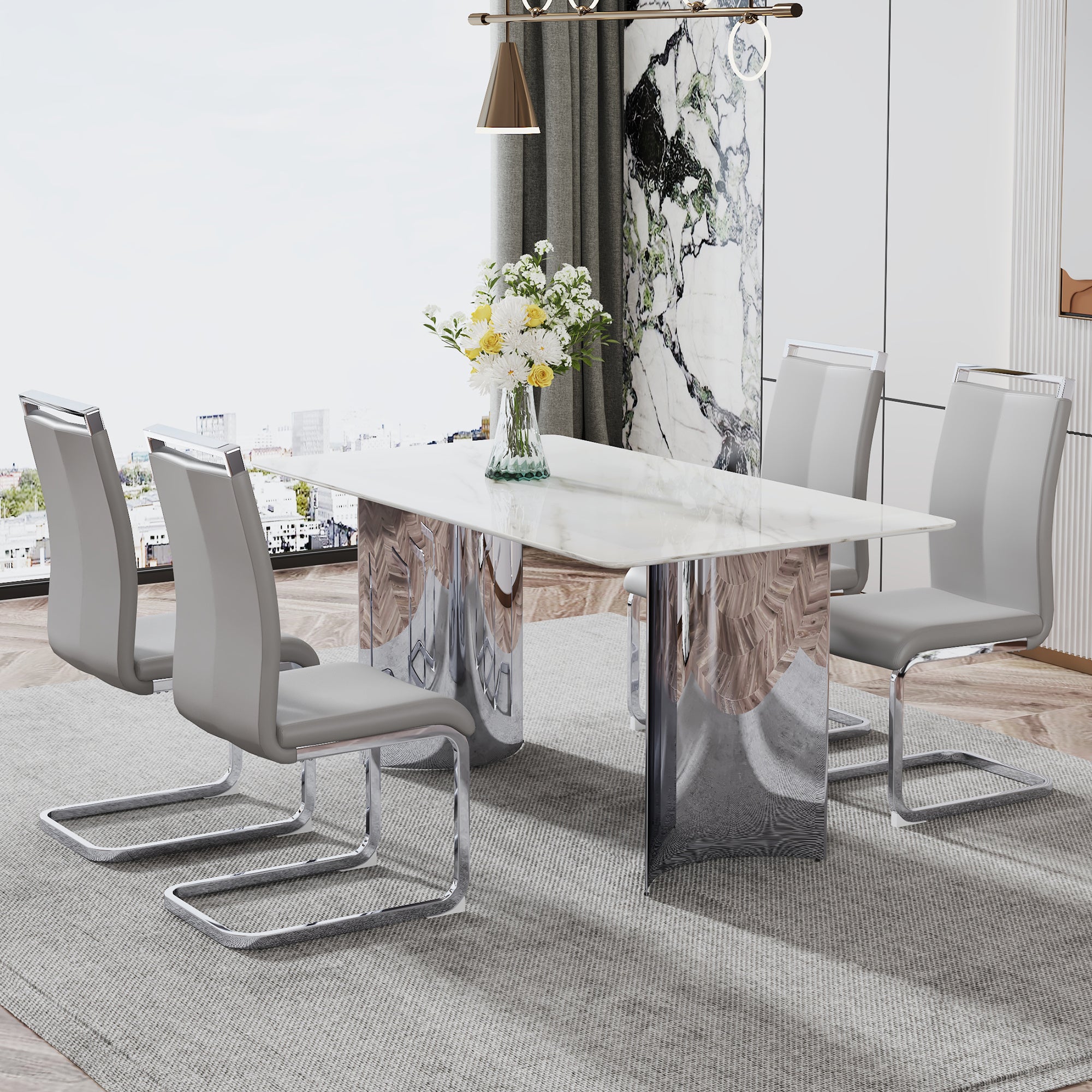 Modern minimalist dining table. Imitation marble glass sticker desktop, stainless steel legs, stable and beautiful. 4 premium PU seats. 63 inches * 35.4 inches * 29.5 inches DT-69 C-1162
