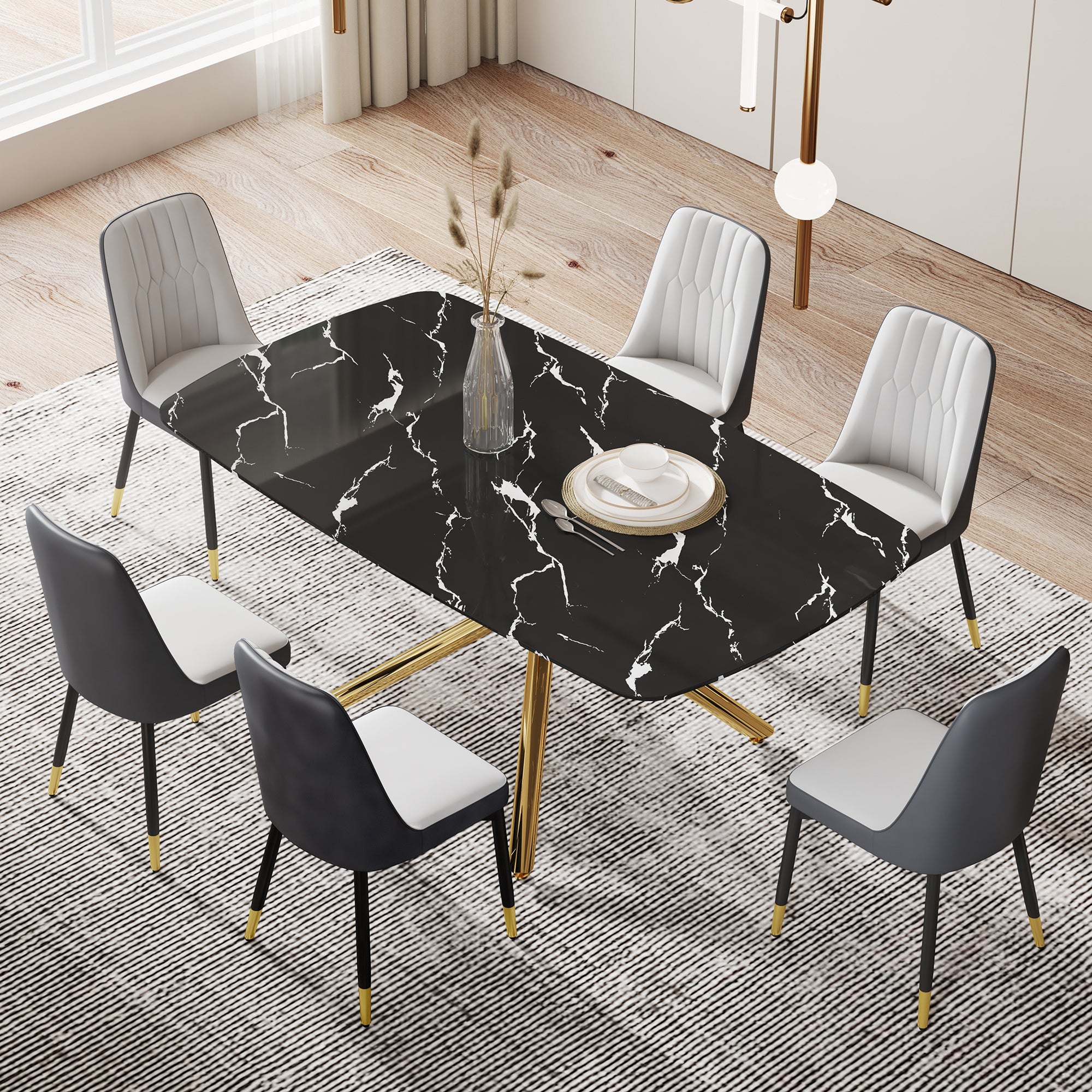 Large modern minimalist rectangular dining table with 0.39 "imitation marble black tabletop and golden metal legs, paired with chairs with PU cushions and black metal legs. F-1537 C-007