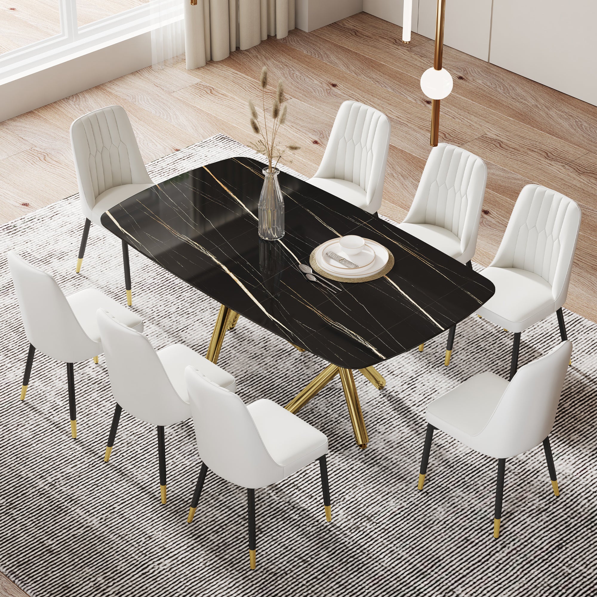 Large modern minimalist rectangular dining table with 0.39 "imitation marble black tabletop and golden metal legs, paired with chairs with PU cushions and black metal legs. F-1538 C-007