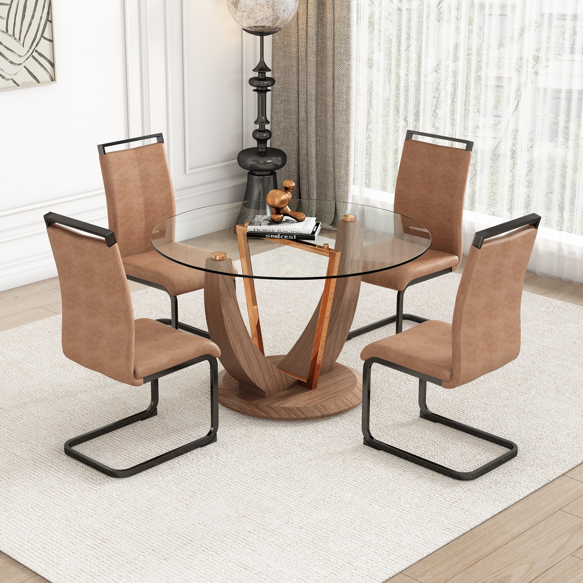 A modern minimalist round tempered glass dining table with a diameter of 48 inches. Glass desktop+MDF wood grain table legs and base. A set of 4 PU chairs 48 * 48 '' * 30 '' DT-908 C-1162