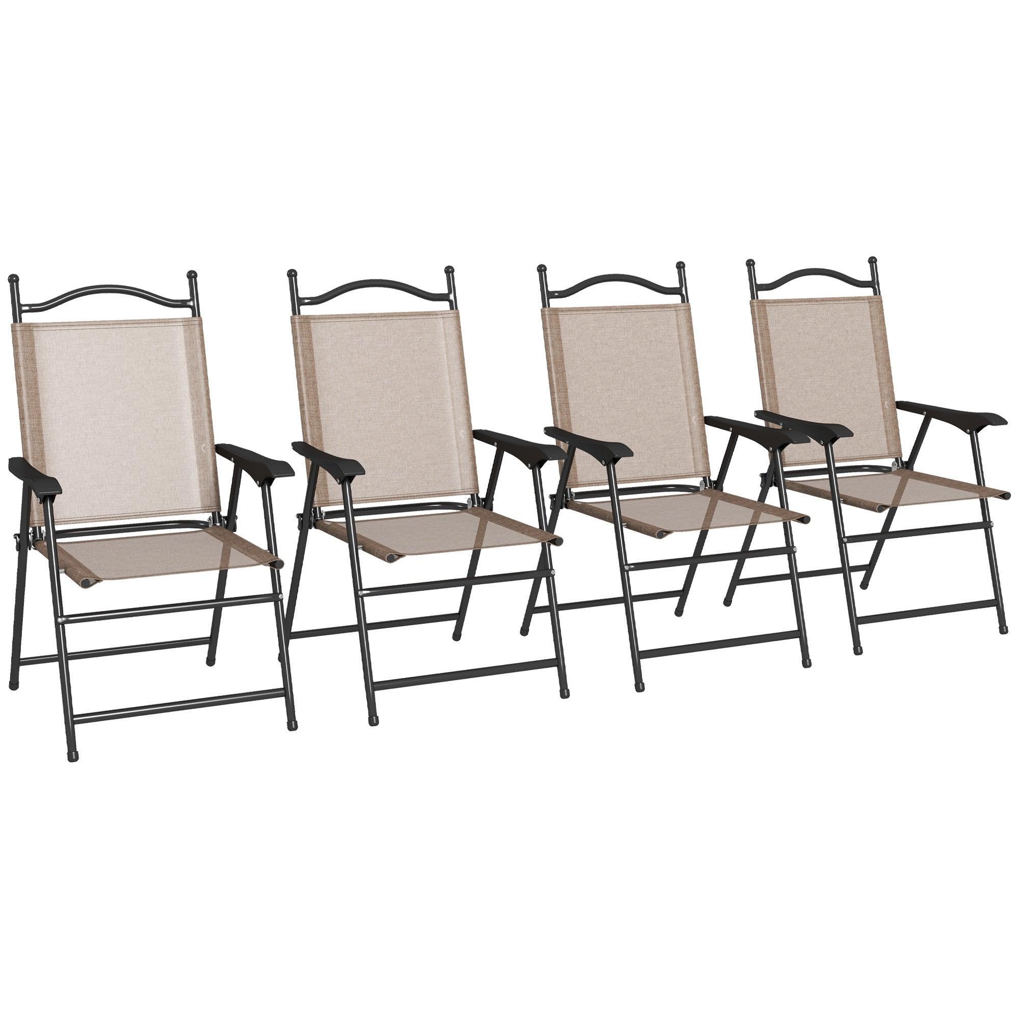 Outsunny Folding Patio Chairs, Set of 4 Sports Chairs for Adults, Camping Chairs with Armrests, Breathable Mesh Fabric Seat for Lawn, Brown