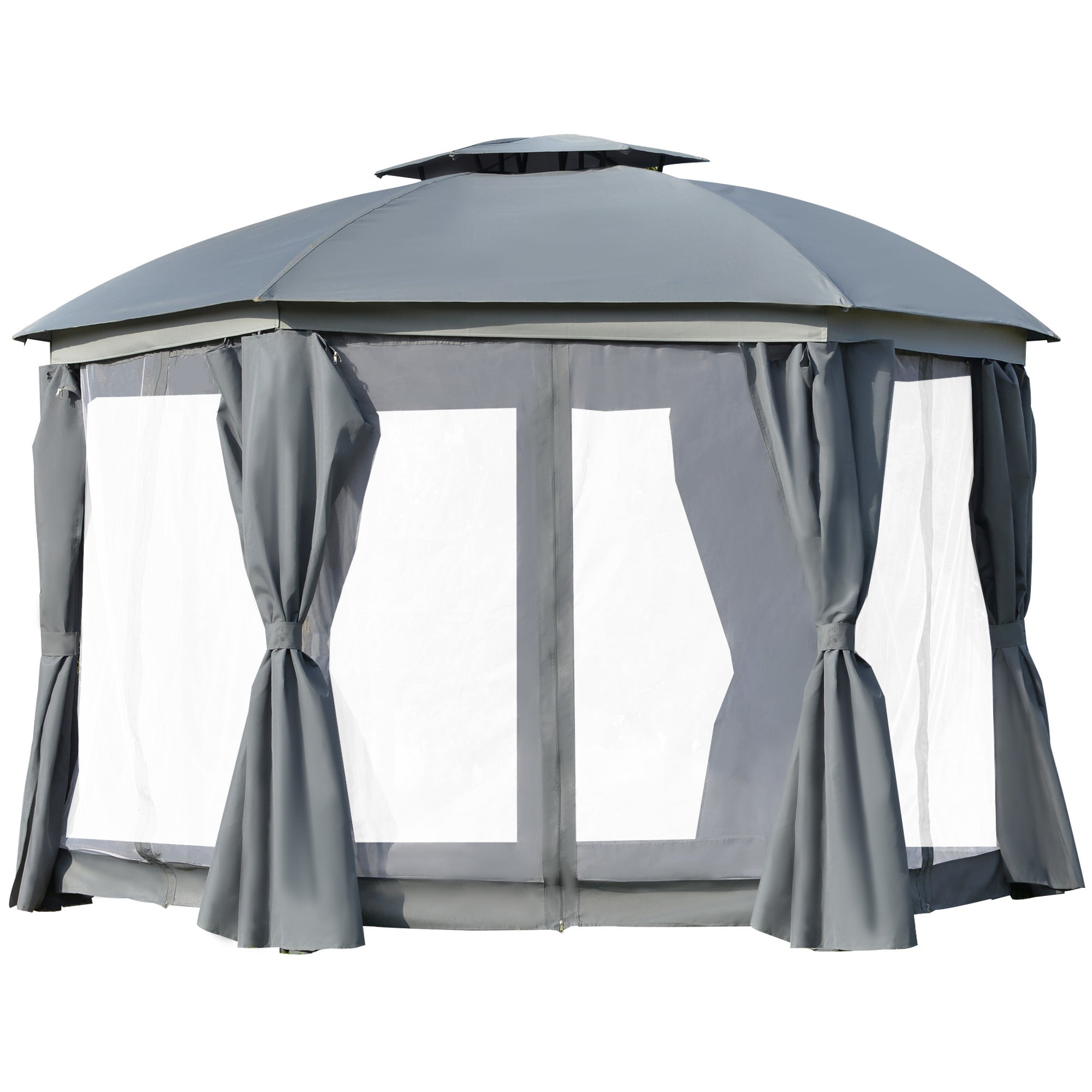 Outsunny 12' x 12' Round Outdoor Gazebo, Patio Dome Gazebo Canopy Shelter with Double Roof, Netting Sidewalls and Curtains, Zippered Doors, Strong Steel Frame, Grey