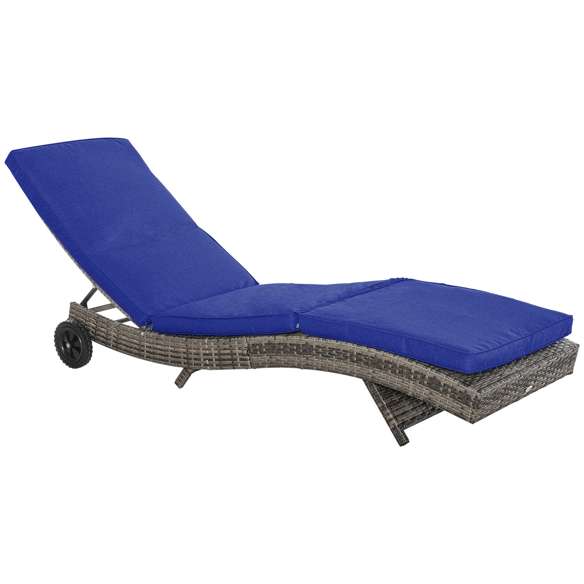 Outsunny Chaise Lounge Pool Chair, Outdoor PE Rattan Cushioned Patio Sun Lounger w/ 5-Level Adjustable Backrest & Wheels for Easy Movement, Wicker, Dark Blue