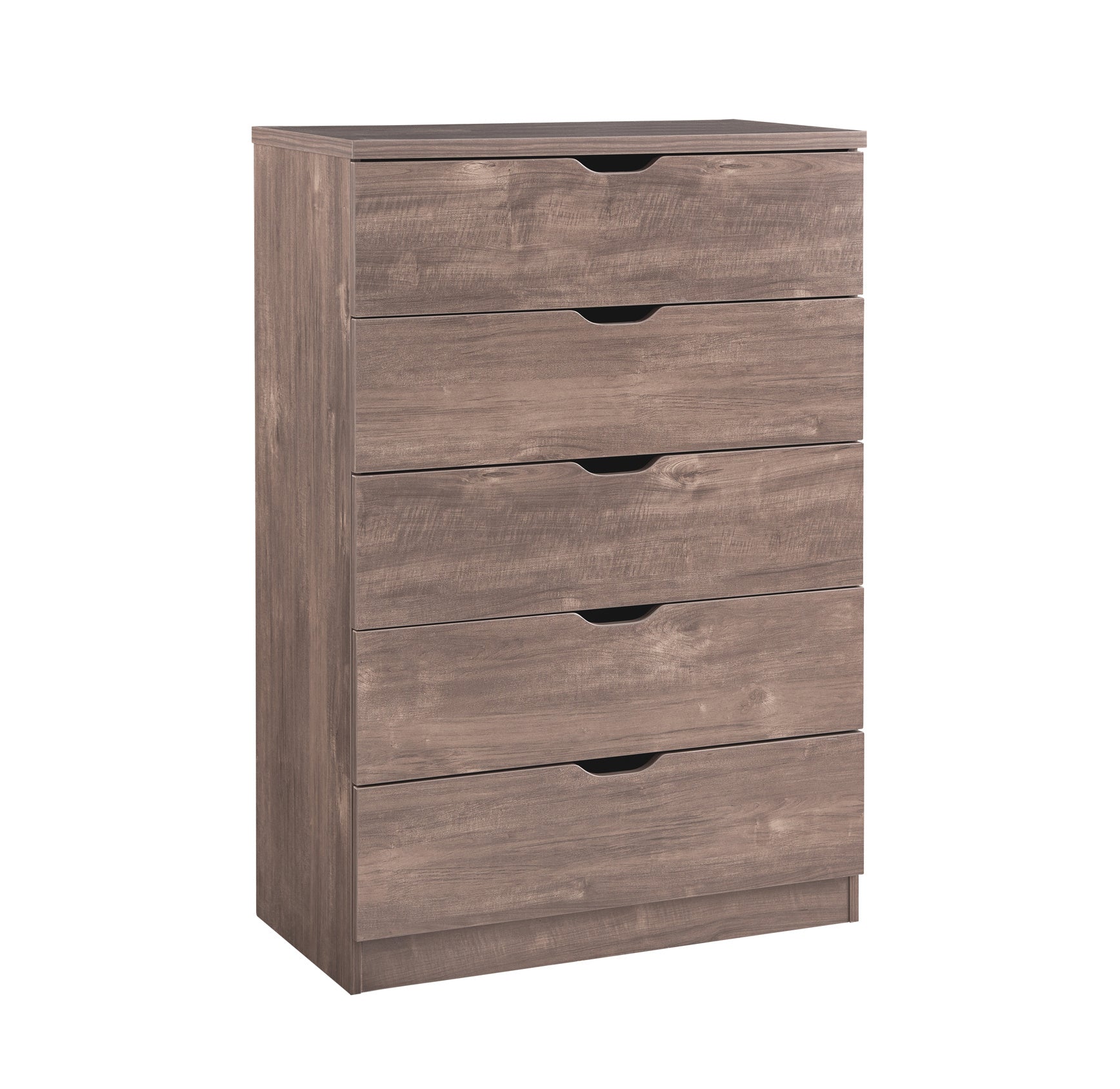 Modern five drawer clothes and storage chest cabinet with cutout handles in Hazelnut color