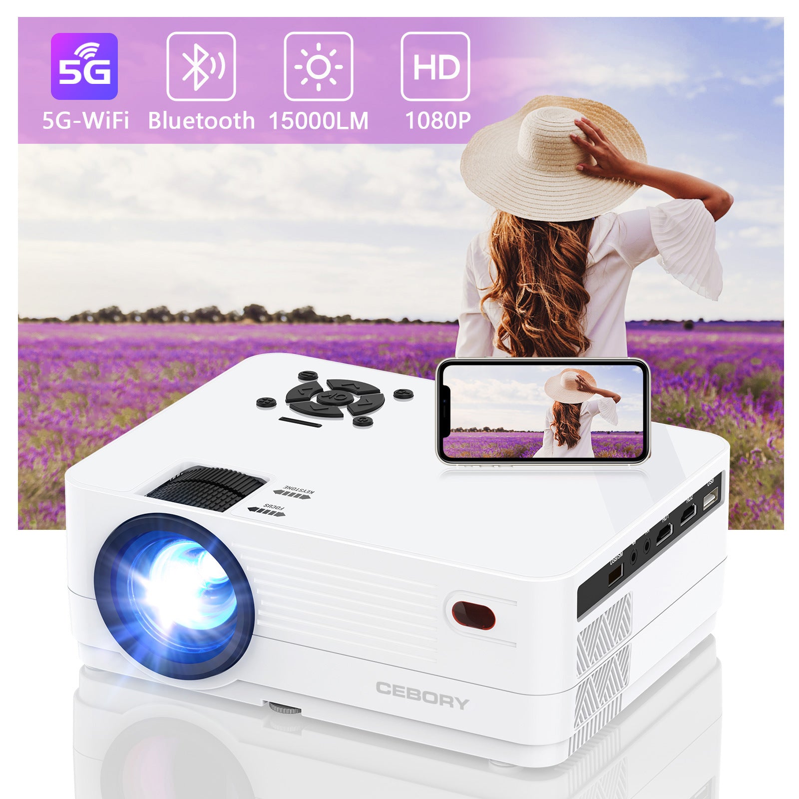 Native 1080P 5G WiFi Bluetooth Projector, 15000LM Full HD Movie Projector, 300" Display for Outdoor Movies Support 4k Home Theater, Compatible with iOS/Android/PC/XBox/PS4/TV