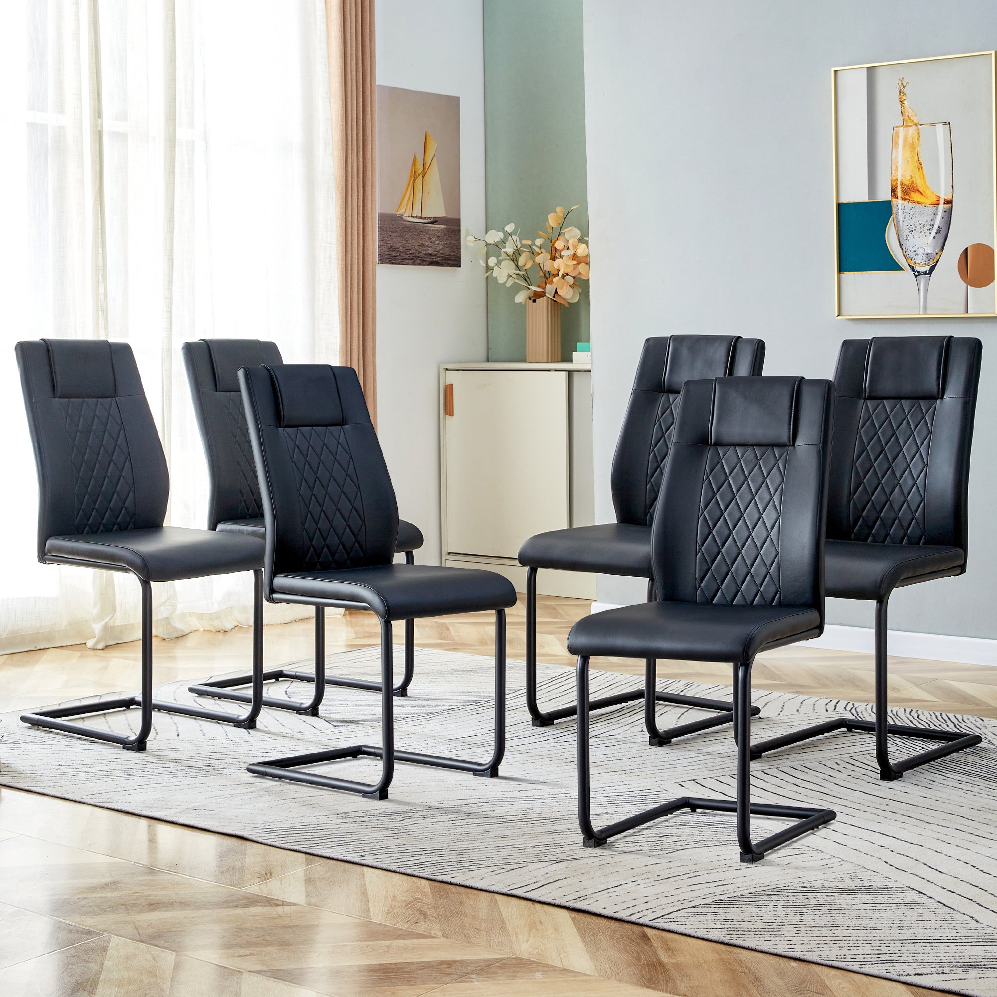 Artificial leather cushioned seats, dining chairs. Dining Room - Living Room Chair. Soft padded chair with metal legs, suitable for kitchen, living room, bedroom, dining room, set of 6 (black+PU )