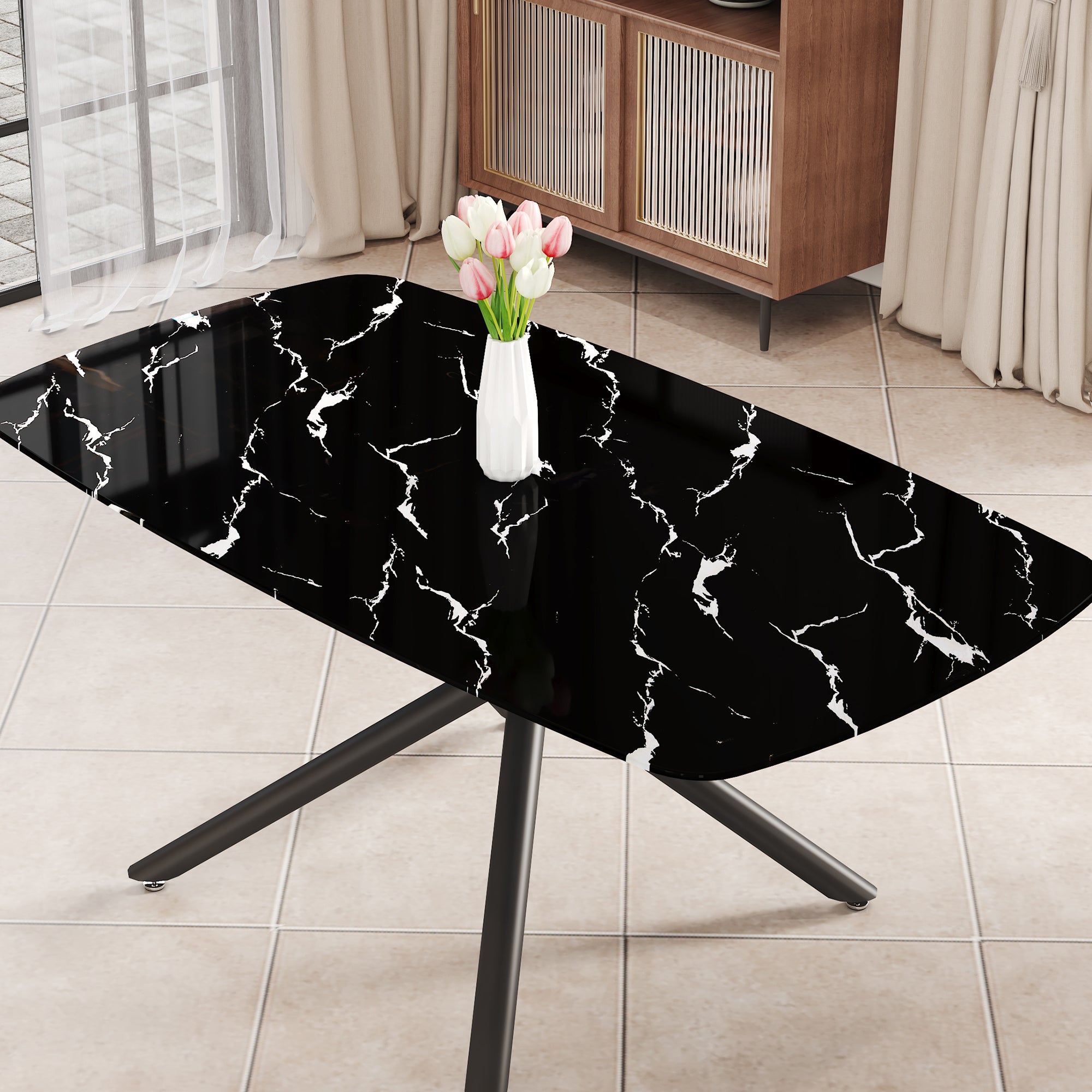 Large modern minimalist rectangular dining table with 0.39 "imitation marble black tabletop and black metal legs, suitable for kitchen, dining room, living room, conference room, and banquet hall 1537