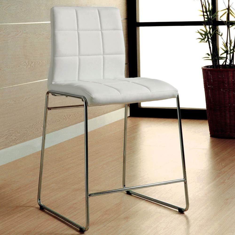 White Color Leatherette 2pcs Counter Height Dining Chairs Chrome Metal Legs Dining Room Counter Height Chairs