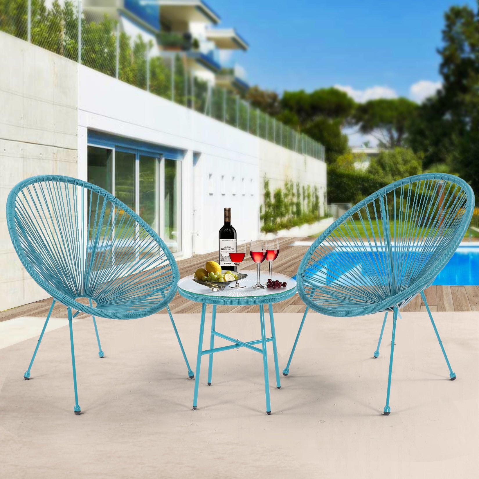 3 Piece Patio Bistro Conversation Set with Side Table, Acapulco All-Weather PE Rattan Chair Set,Flexible Rope Furniture Outdoor with Coffee Table,for Garden,Backyard,Balcony or Poolside(Blue)