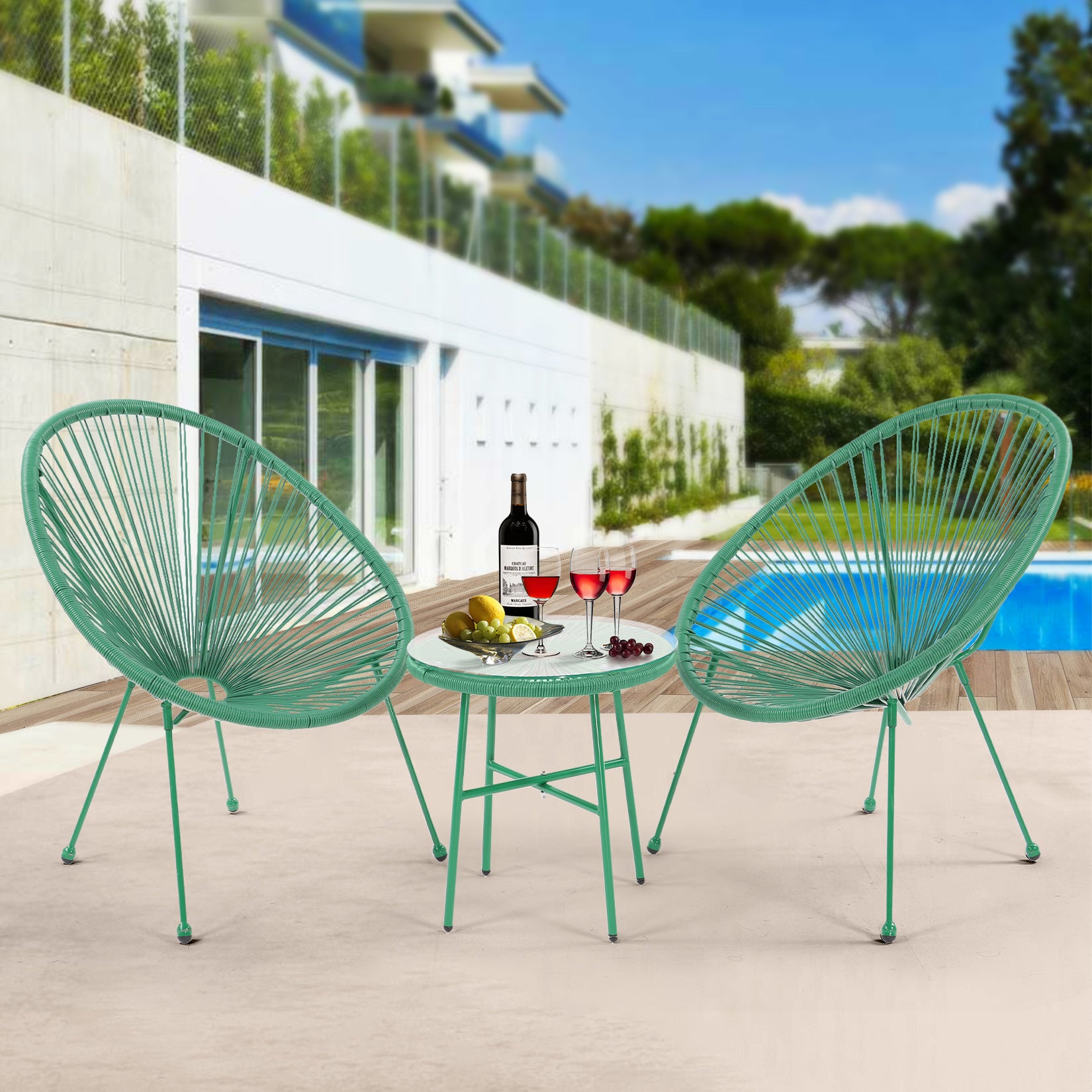 3 Piece Patio Bistro Conversation Set with Side Table, Acapulco All-Weather PE Rattan Chair Set,Flexible Rope Furniture Outdoor with Coffee Table,for Garden,Backyard,Balcony or Poolside(Green)