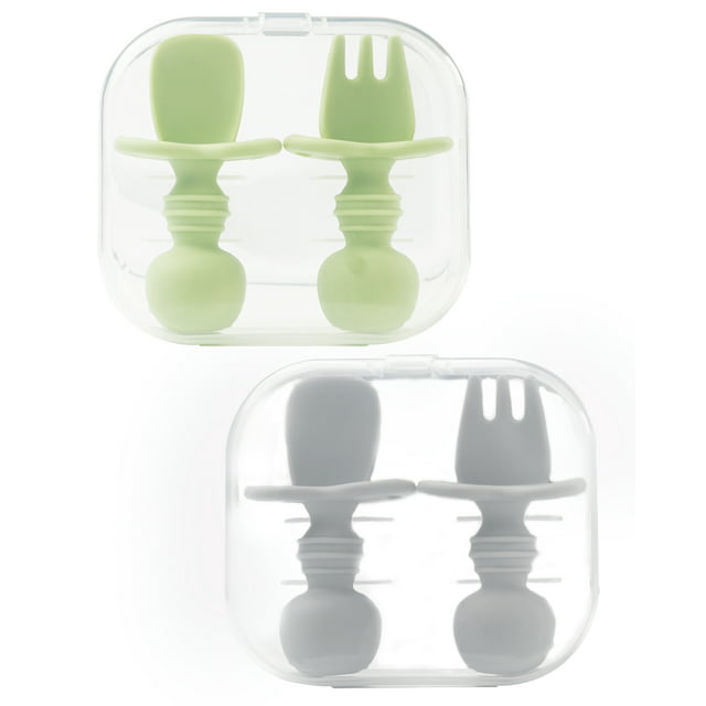 4 Pcs Baby Spoons Self Feeding 6 Months, Silicone Baby Spoons First Stage and Baby Fork, Toddler Utensils for Baby Led Weaning with 2 Cases (Green, Gr