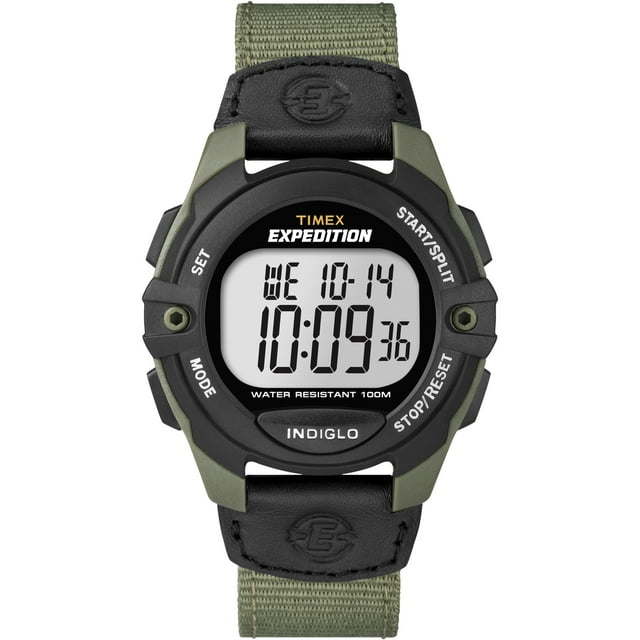 Timex Men's Expedition Digital CAT 41mm Watch – Green & Black Case with Black Fabric & Leather Strap