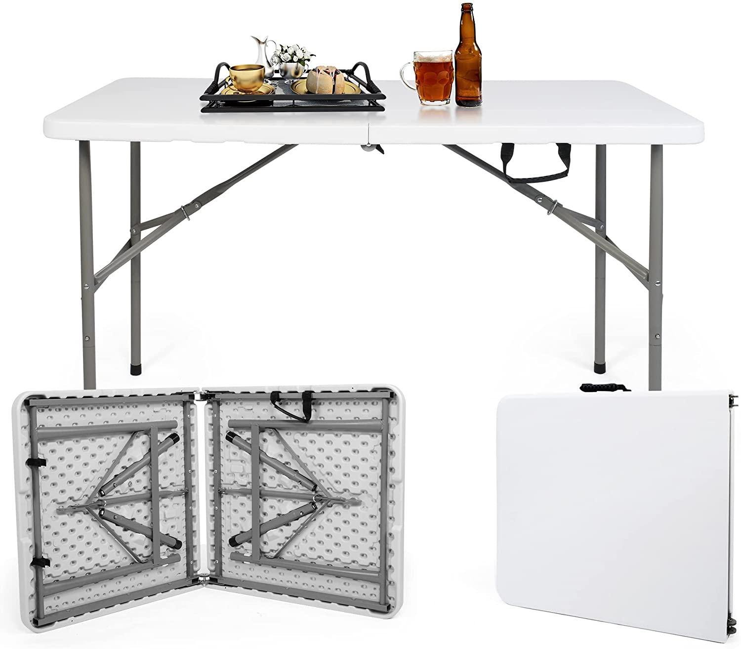 4FT Fold-in-Half Camping Table 48'' White Portable Folding Table w/Handle for Office, Picnic, Weddin