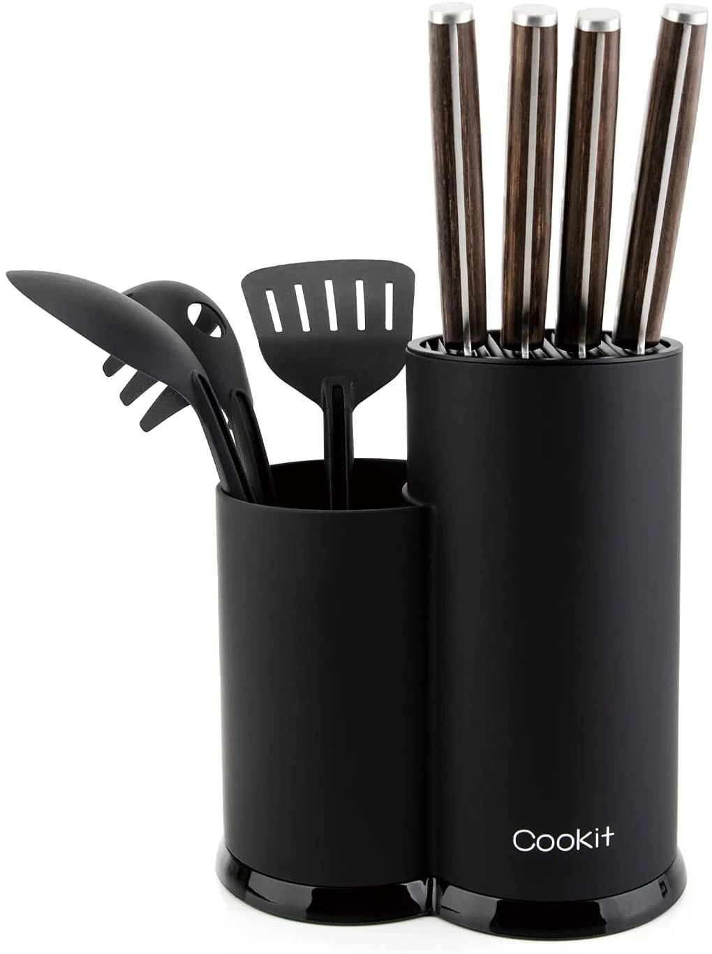 Knife Block Holder; Cookit Universal Knife Block without Knives; Unique Double-Layer Wavy Design; Round Black Knife Holder for Kitchen; Space Saver Knife Storage with Scissors Slot