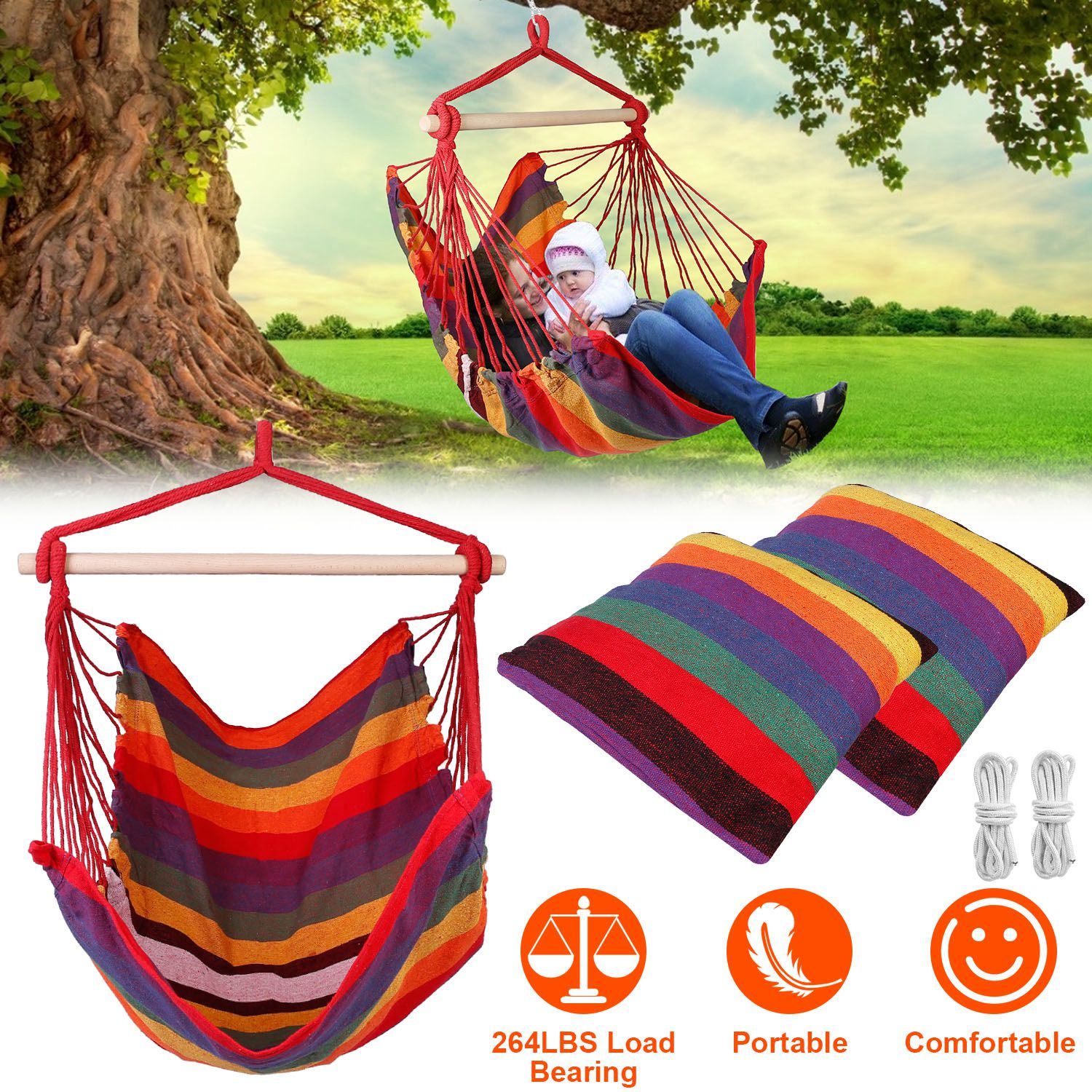 Hammock Hanging Chair Canvas Porch Patio Swing Seat Portable Camping Rope Seat