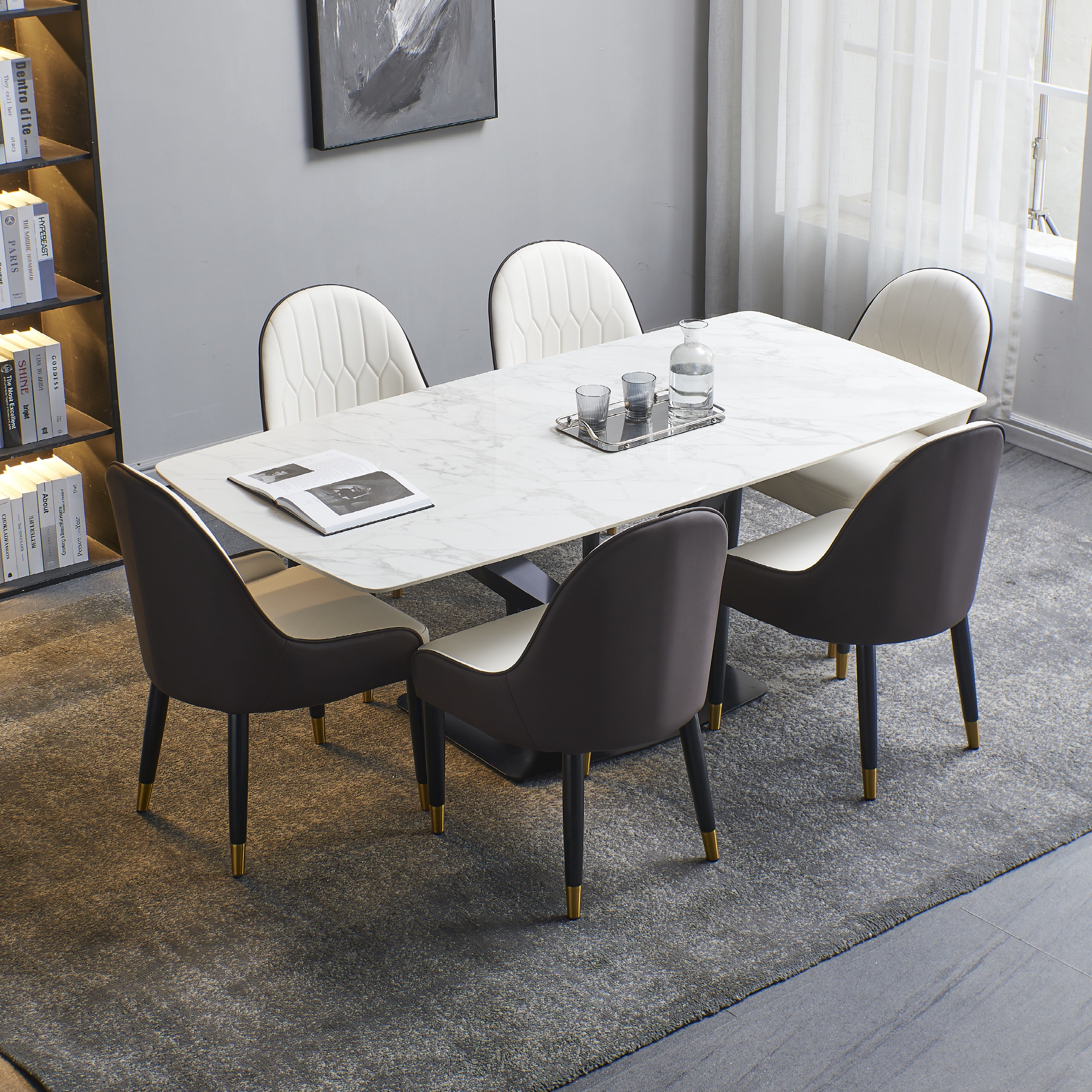 63" Modern Sintered Stone Dinning Table Carrara White Color Dinning Table with Solid Gold Carbon Stell Base