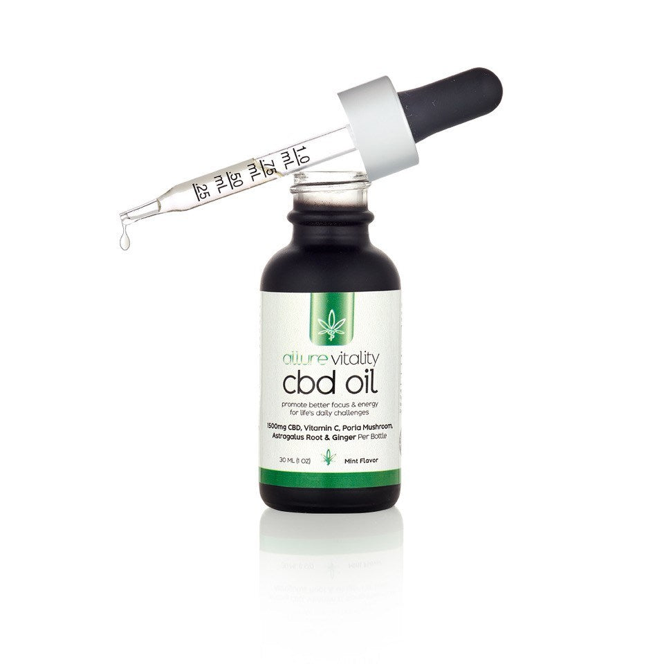 Allure Vitality CBD Oil Tinctures 30 mL 1500 mg high potency CBD bio-enhanced with natural hemp CBD for a complete entourage effect. Focus; energy and anti-anxiety multi-symptoms enhancements.