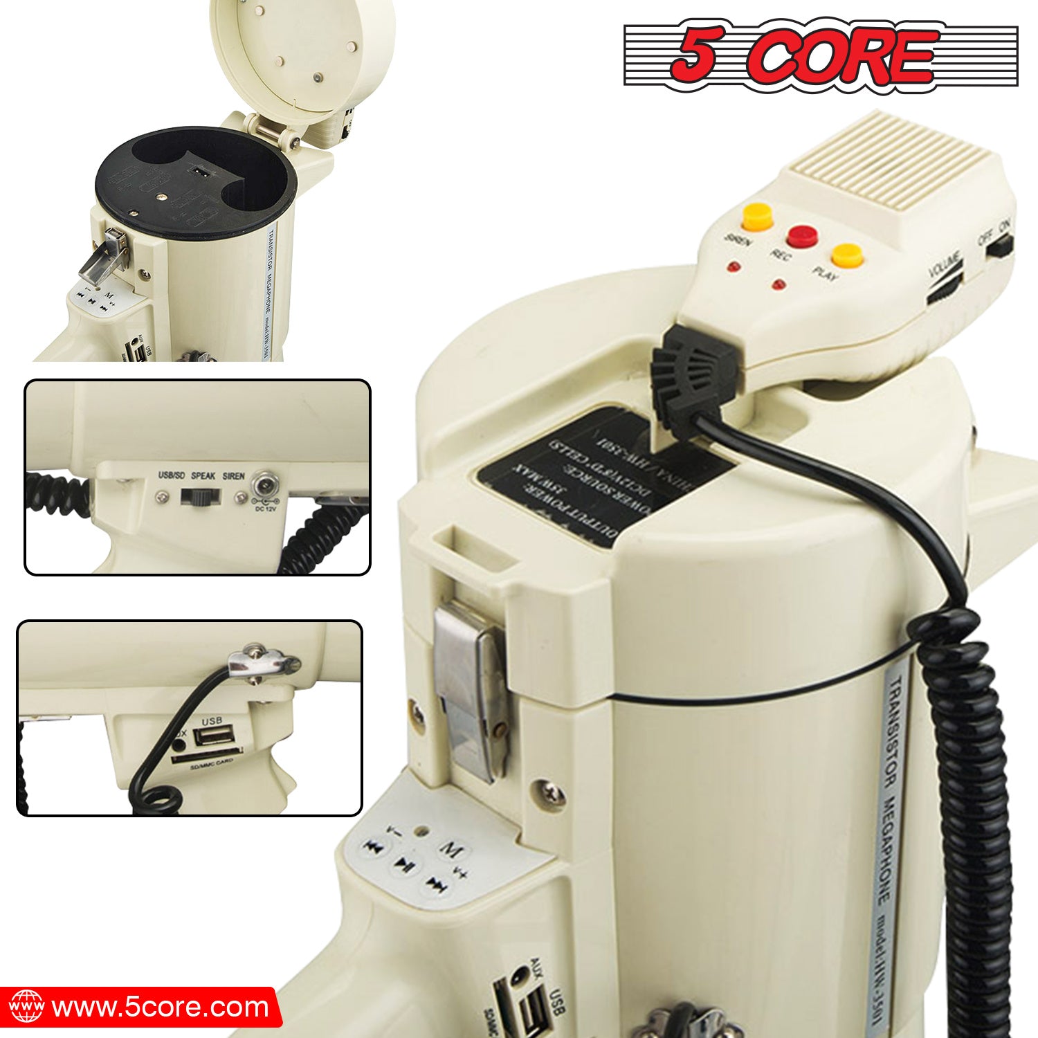 5 Core Professional Bull horn Megaphone Industrial Grade Handlebar 100W Loud Siren Noise Maker Bullhorn Speaker w Recording USB SD Card Adjustable Vol