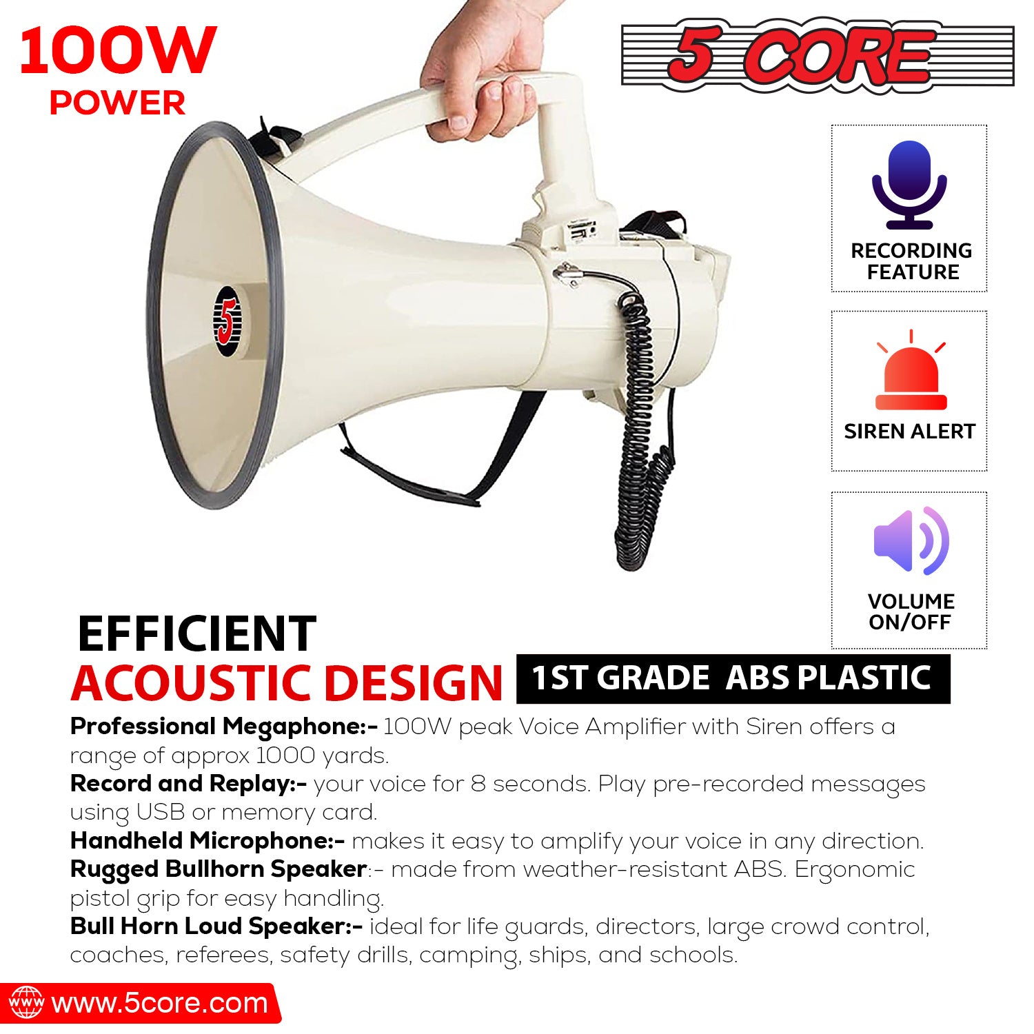 5 Core Professional Bull horn Megaphone Industrial Grade Handlebar 100W Loud Siren Noise Maker Bullhorn Speaker w Recording USB SD Card Adjustable Vol