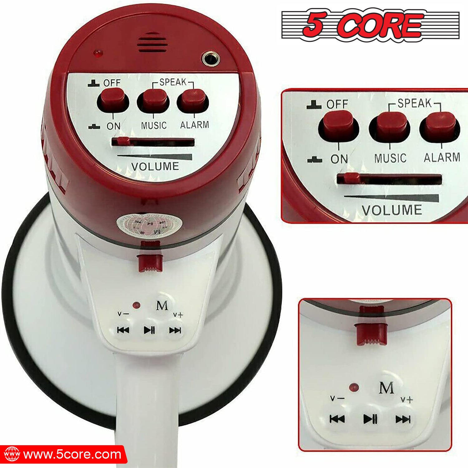 5 Core Megaphone Bull Horn 40W Peak Loud Siren Noise Maker Professional Bullhorn Speaker PA System w Handheld Mic Adjustable Volume for Coaches Sports