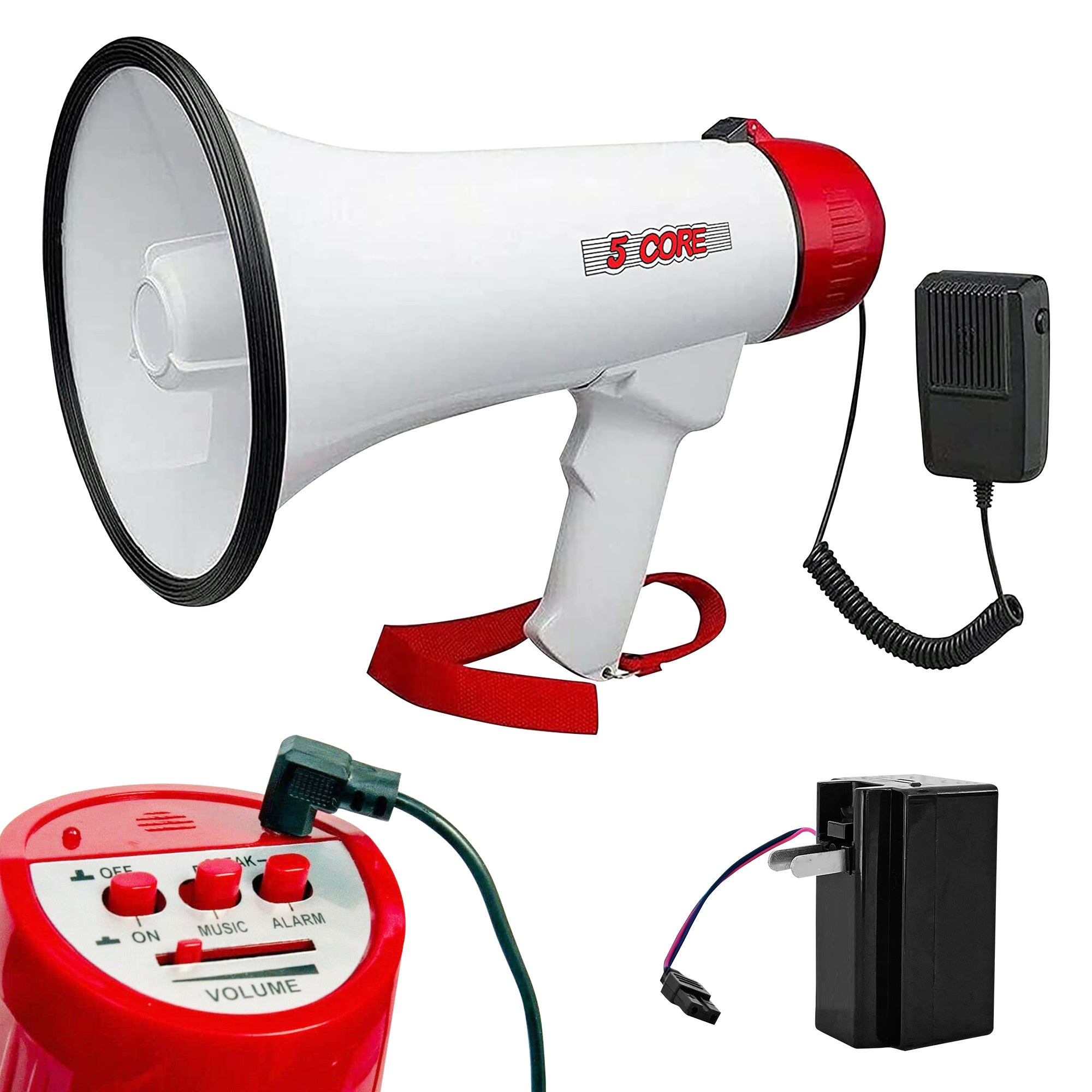 5 CORE Megaphone Bull Horn 40W Peak Loud Siren Noise Maker Rechargeable Professional Bullhorn PA Speaker System w Recording USB SD Card Adjustable Vol