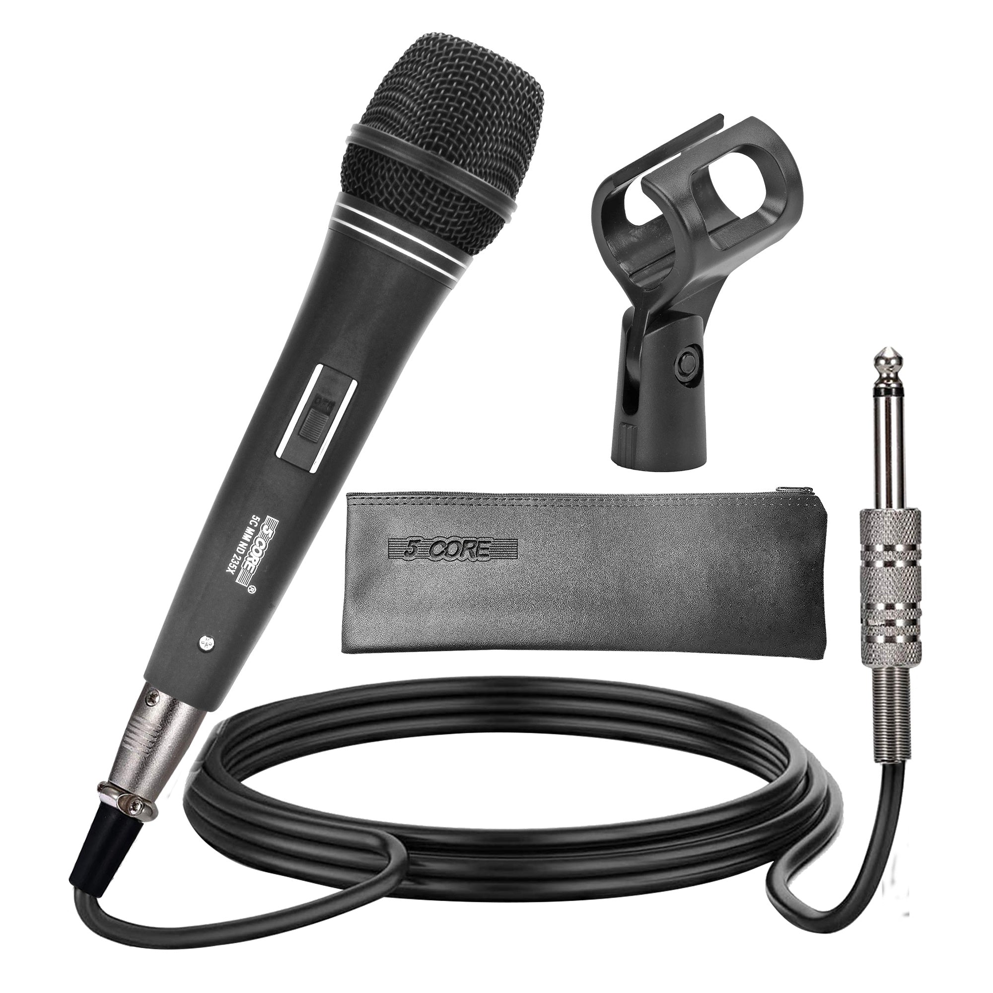 5 Core Wired Microphone Professional Dynamic Neodymium Cardioid Unidirectional Handheld Mic for Speakers Karaoke Steel Mesh Grille Metal Body ON/Off Switch 16ft Detachable Cable+ Clip+Bag -ND 235X