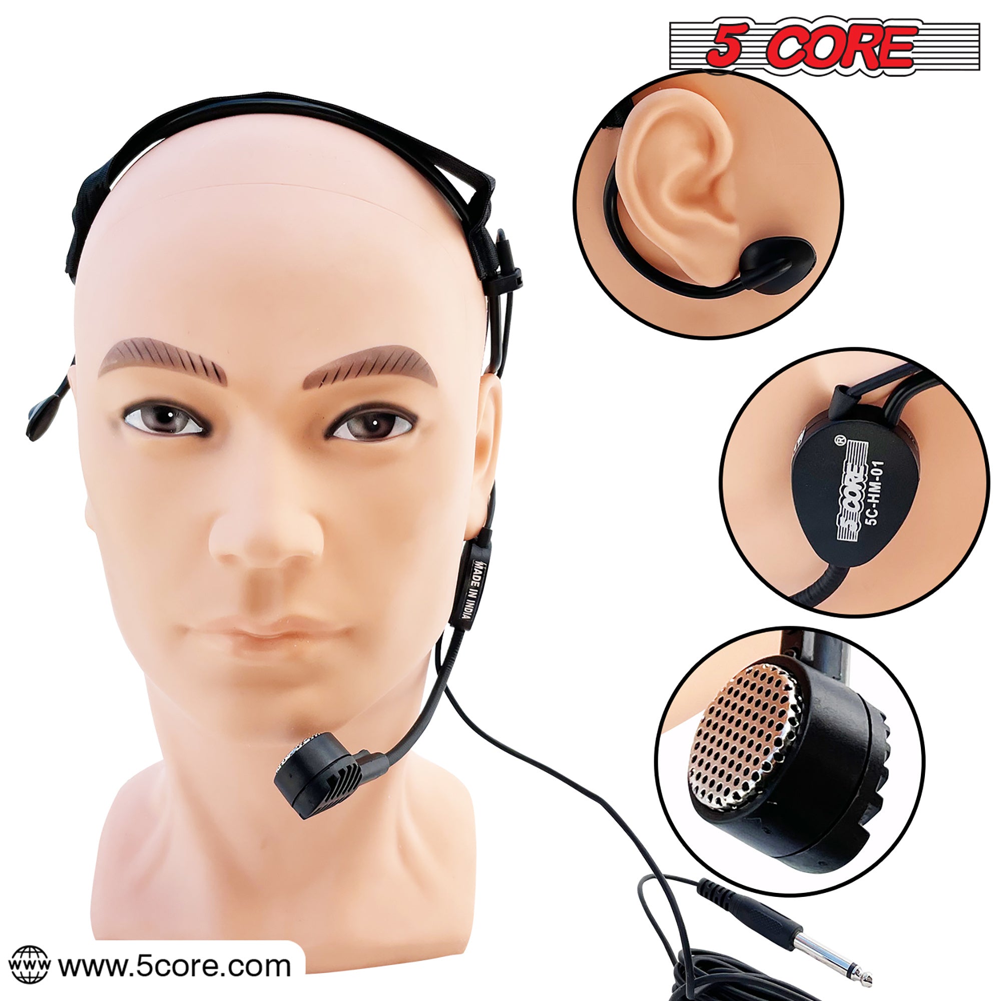 5 Core Wired Microphone Headset • w ¼ Inch Connector • Headworn Hanging Unidirectional Condenser Mic • Flexible Boom for Voice Amplifier • for Speaking Teachers Presentations- MIC HM 01
