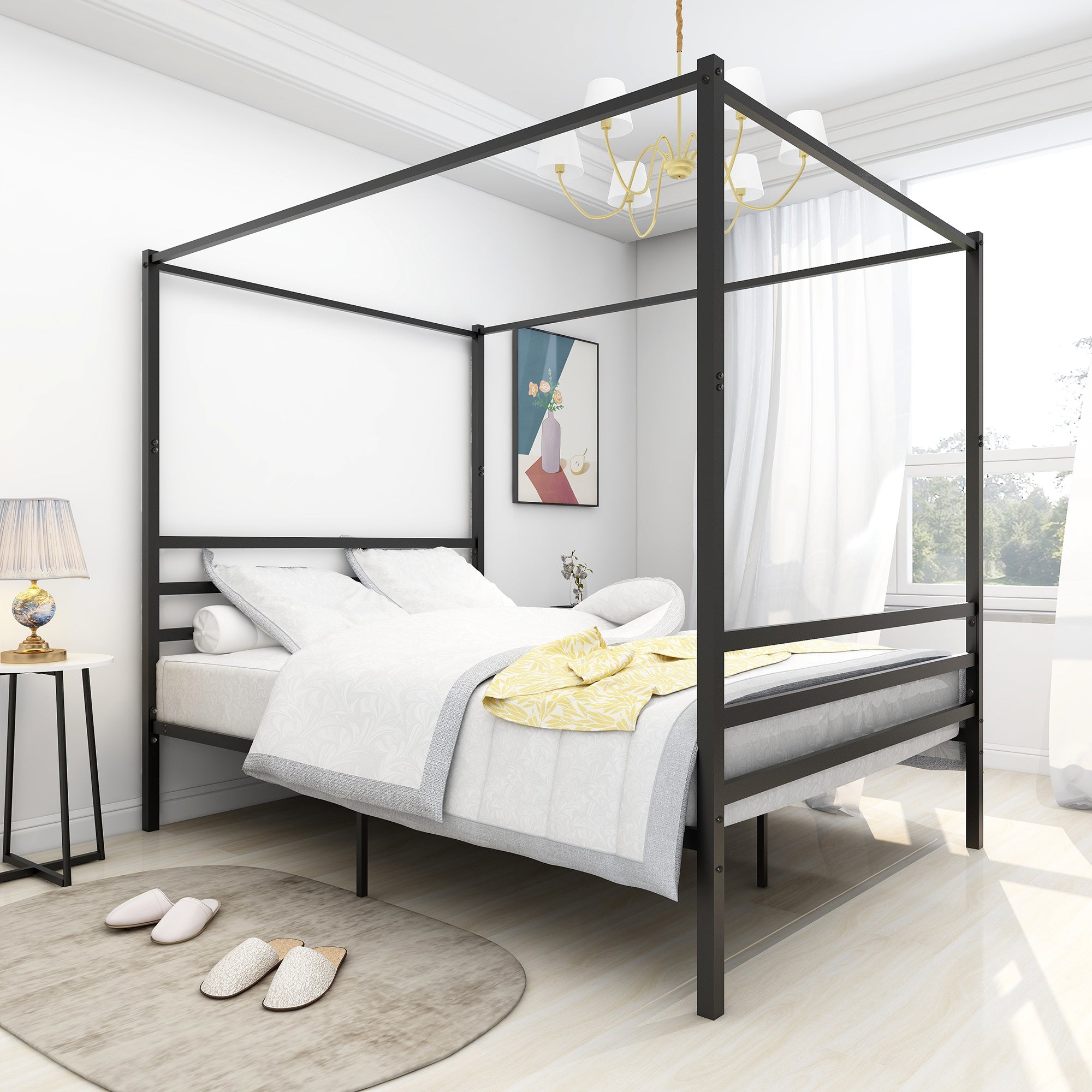 Metal Canopy Bed Frame; Stable and durable metal platform ; Queen Black
