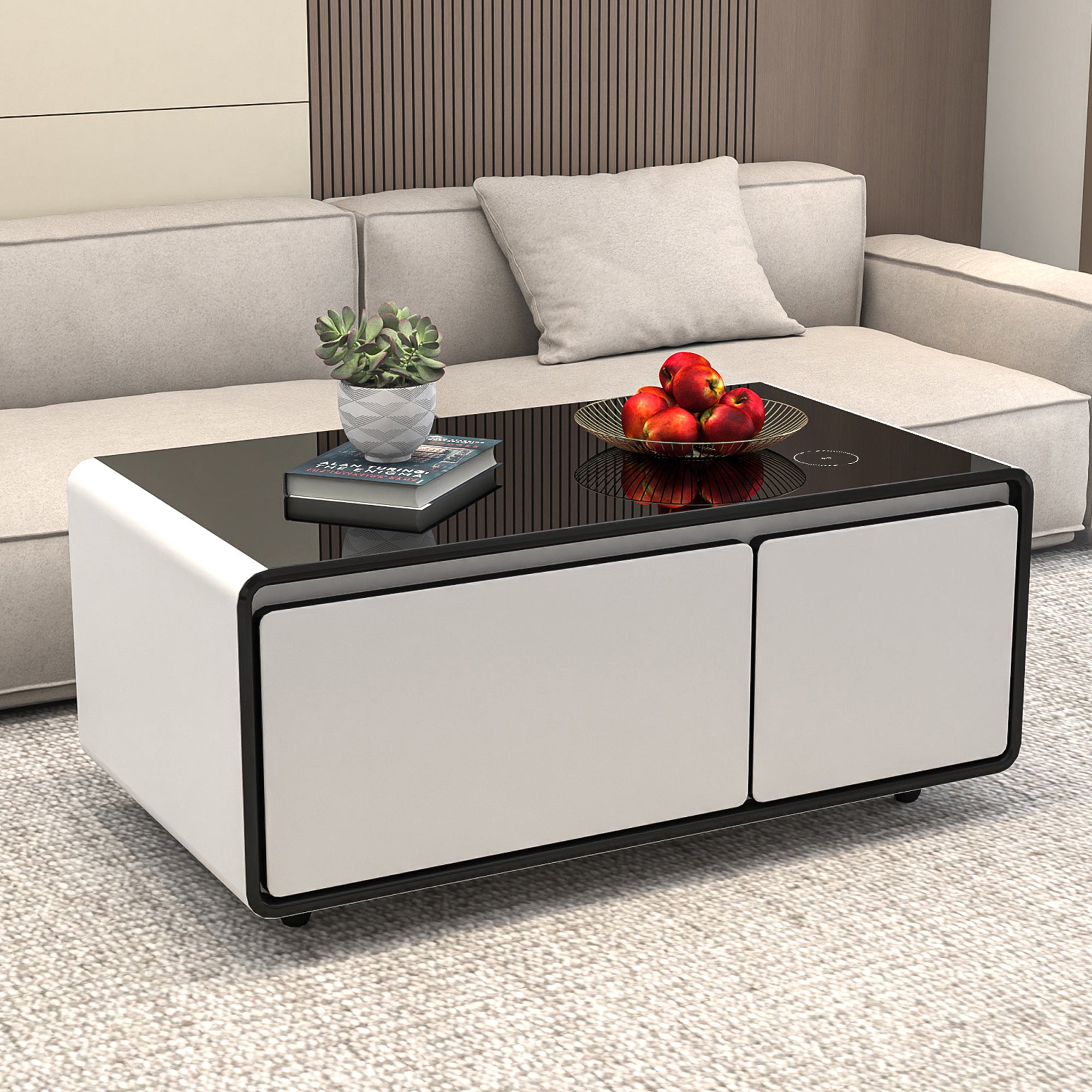 Modern Smart mini Coffee Table with Built in Fridge; Outlet protection; Wireless charging module; Mechanical temperature control; Power socket; USB interface And power interface.