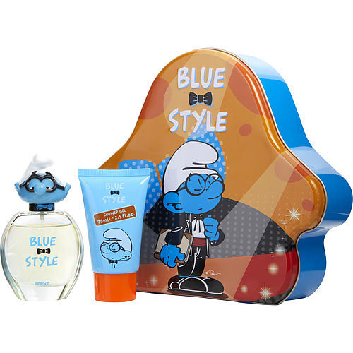 SMURFS 3D by First American Brands BRAINY EDT SPRAY 1.7 OZ & SHOWER GEL 2.5 OZ & METAL LUNCH BOX (BLUE & STYLE)