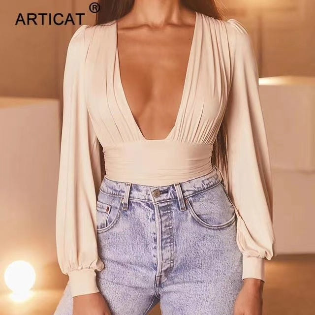 Chic Solid Plunging Neck Lantern Sleeve Bodysuit
