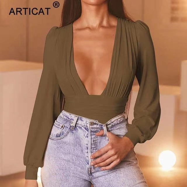 Chic Solid Plunging Neck Lantern Sleeve Bodysuit