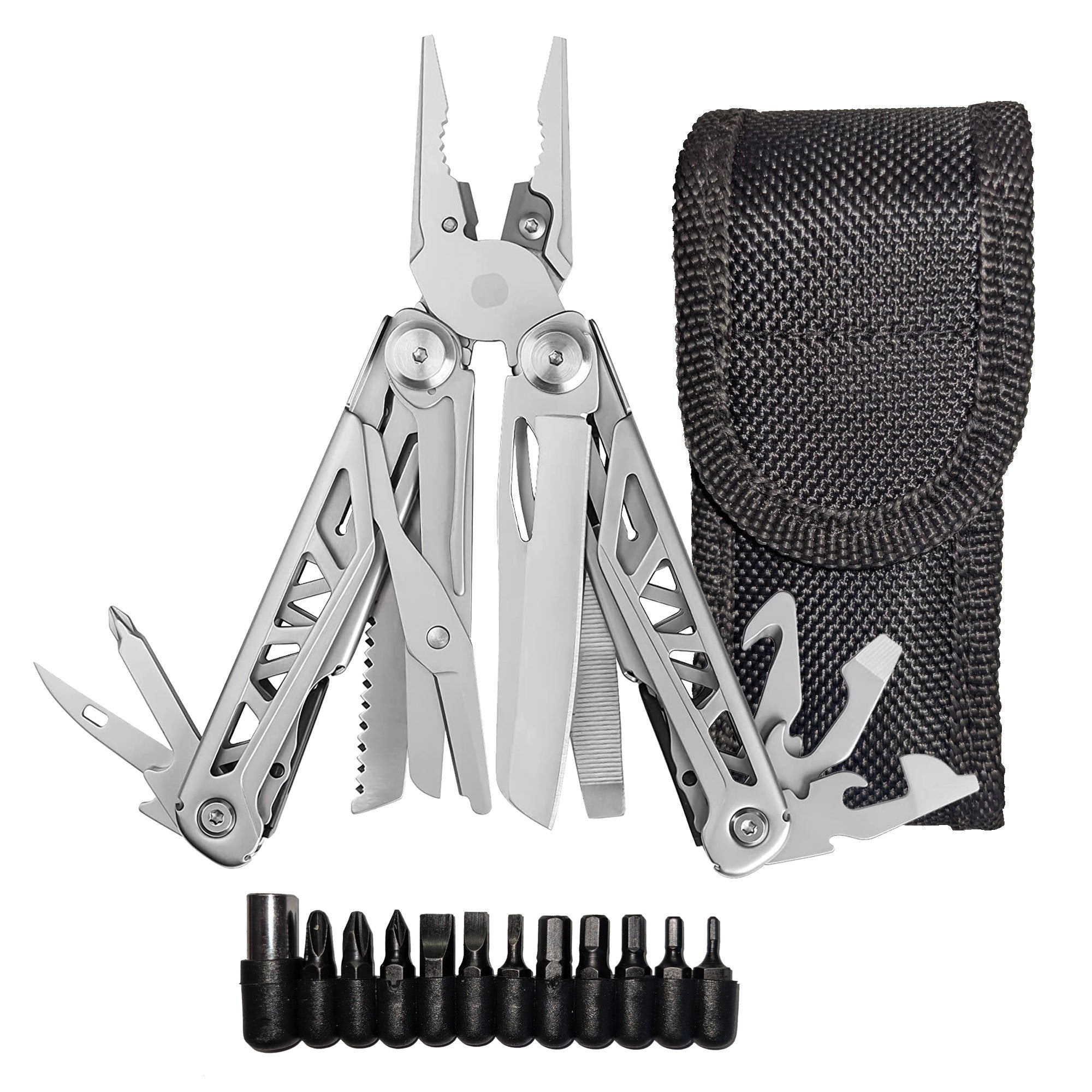 Heavy Duty Multitool | Military Grade Stainless Steel Frame; Deep Profile Blade; First Aid Scissors; Sturdy Pliers; Cord Cutter; 18 Locking Tools | Survival Multitool; Camping; EDC; Work