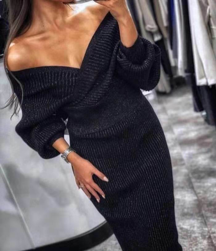 Women's Long Sleeve Sweater Skirt Two Piece Set Outfits Knitted Suit Solid Suit
